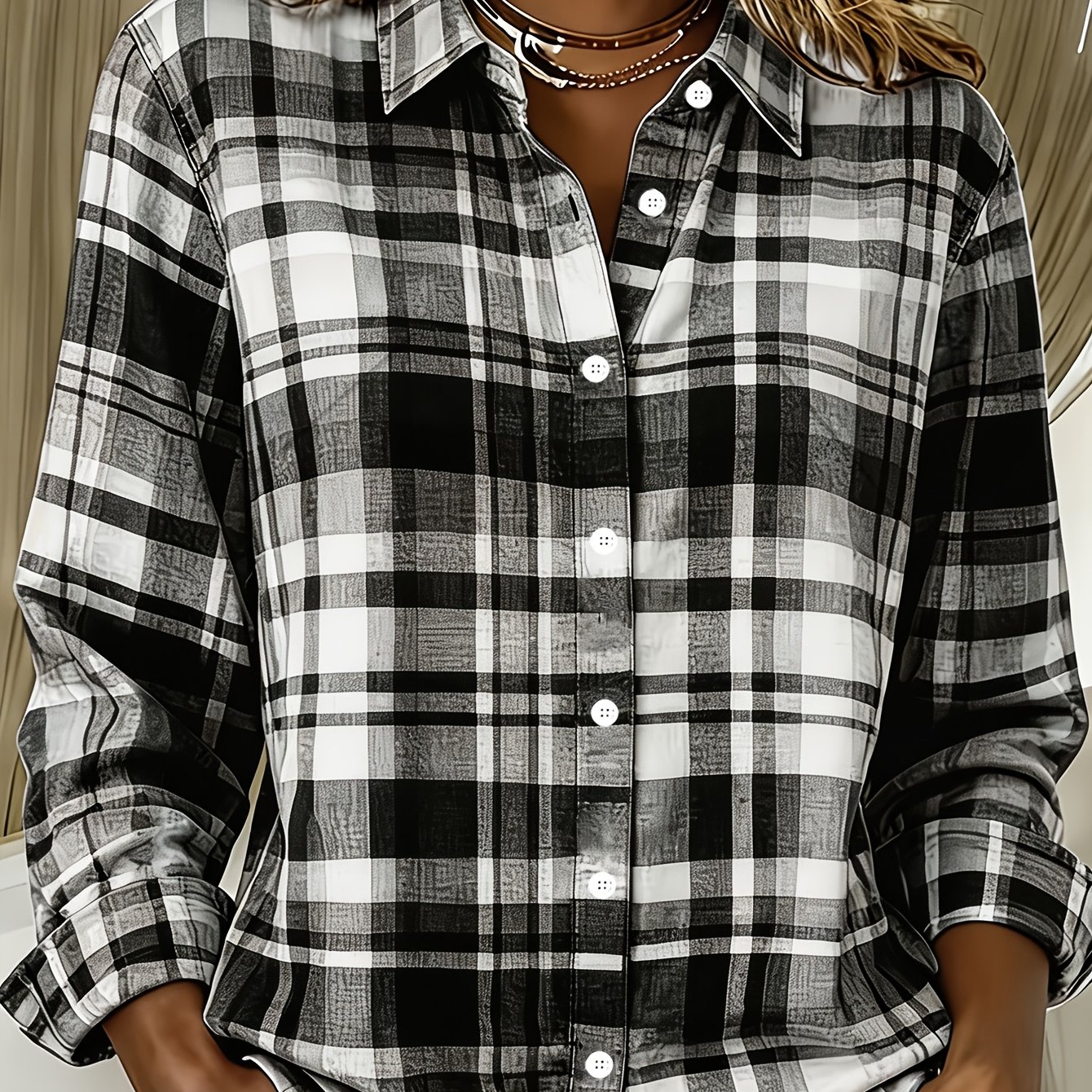 TEMU Plus Size, Women's Plus Size Black And White Print Long Sleeve Open Front Shirt Top