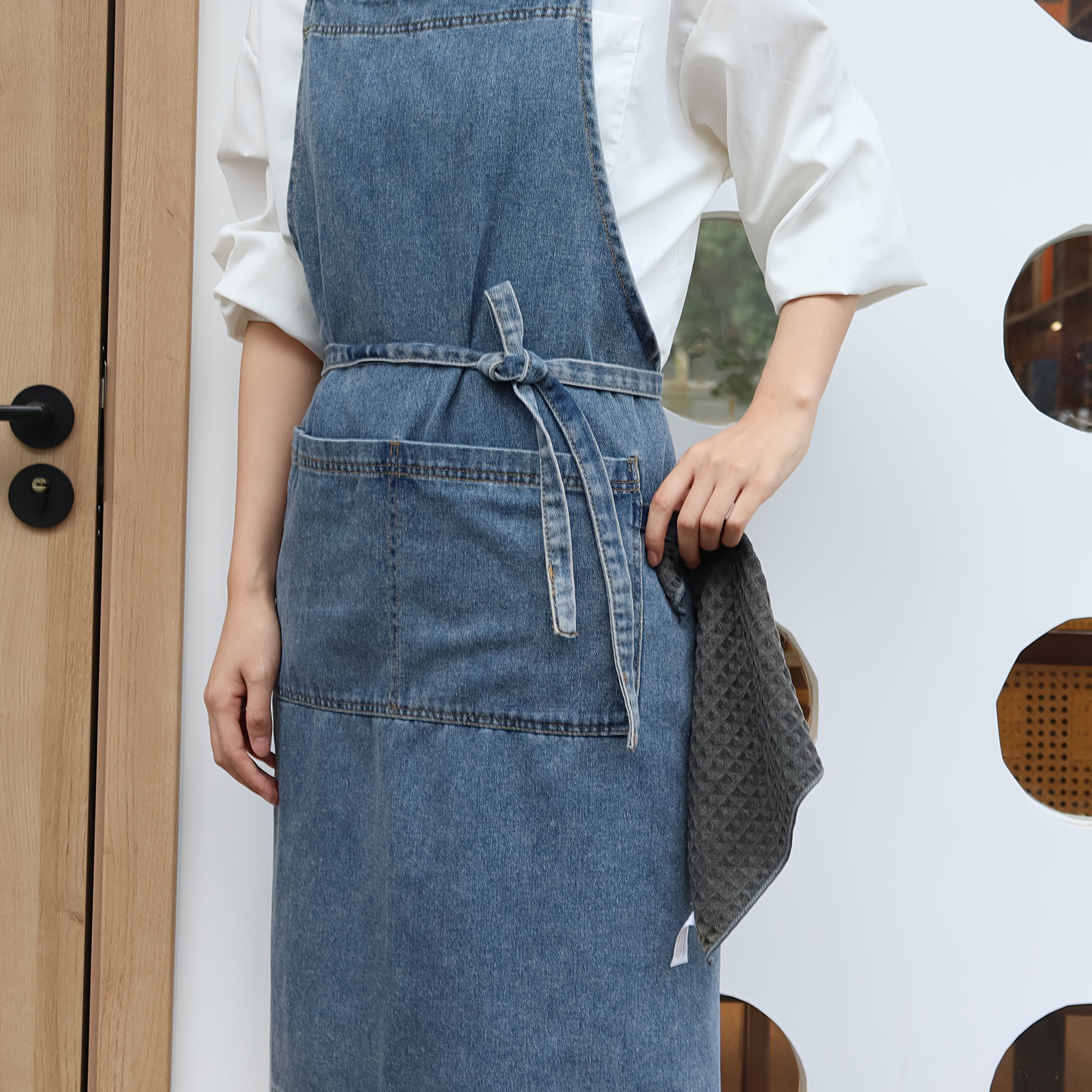 Image of All- Washed Denim Apron, Unisex Suitable For And Home Cleaning Gardening Floral Crafts Working Clothes, 1pc