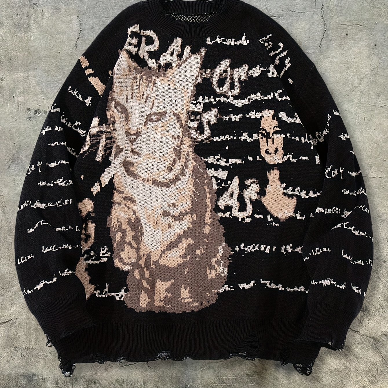 TEMU Autumn And Winter 's Casual Loose Easy High Cold Cat Pattern Portrait English Letters Solid Color Retro Street Style Knitted Long-sleeved Round