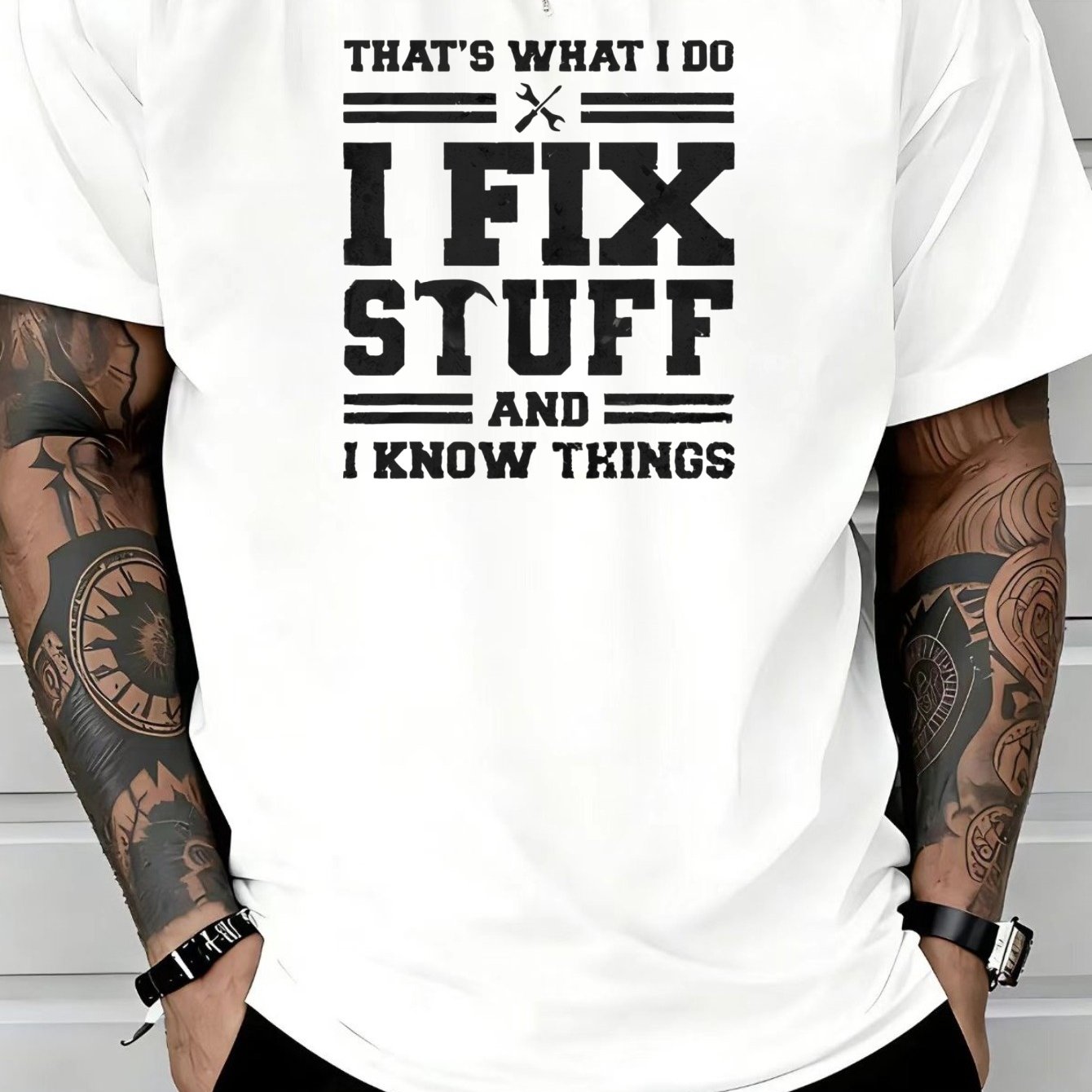 TEMU Men's Handyman Graphic T-shirt With "this Is What I Do, I Fix Things" Quote - Workwear Short Sleeve Round Neck Casual Top, Breathable Suitable