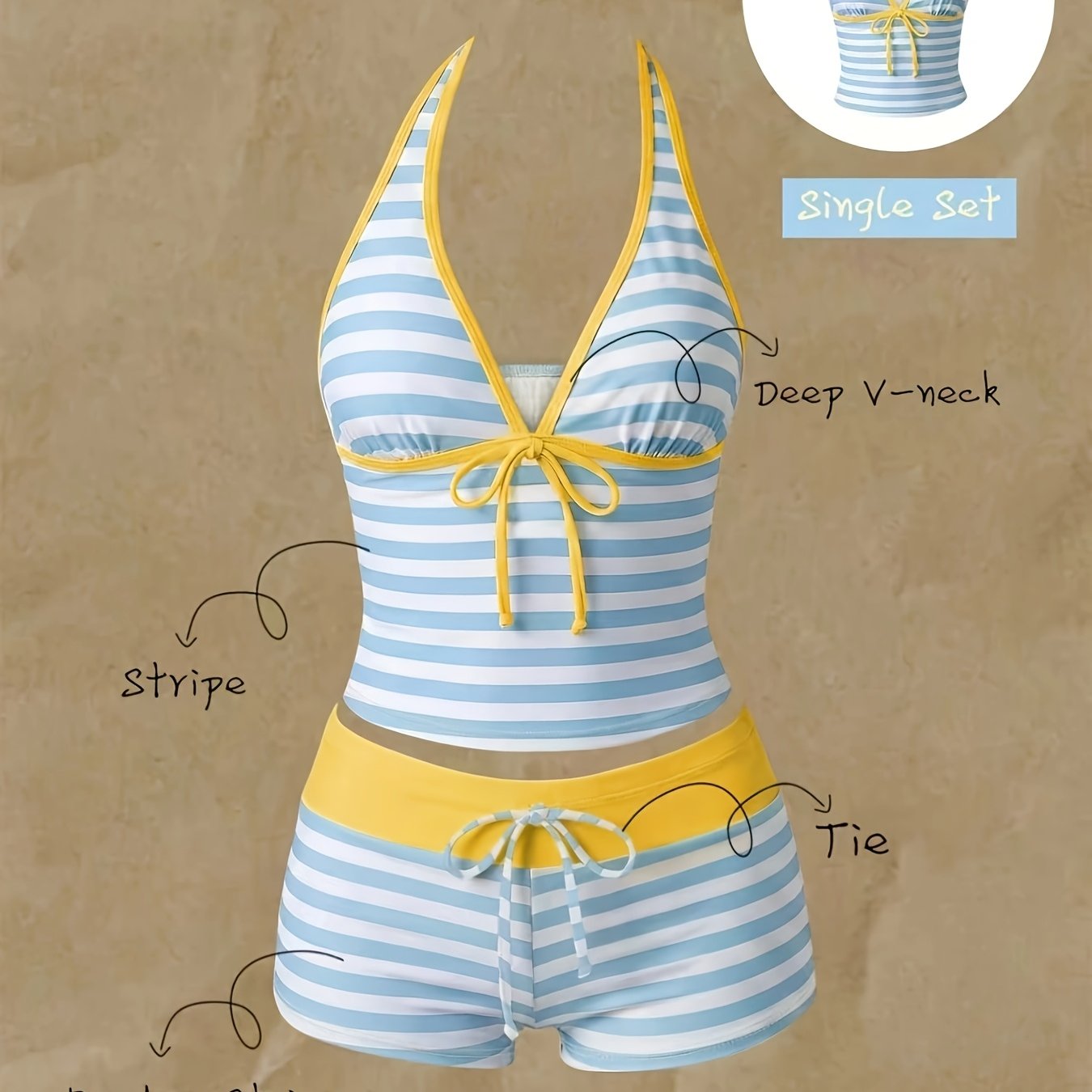 TEMU Ensemble bikini tankini 2 pièces pour femme à imprimé rayé, bretelles spaghetti et nœud papillon, style vacances de plage printemps/été, haut et