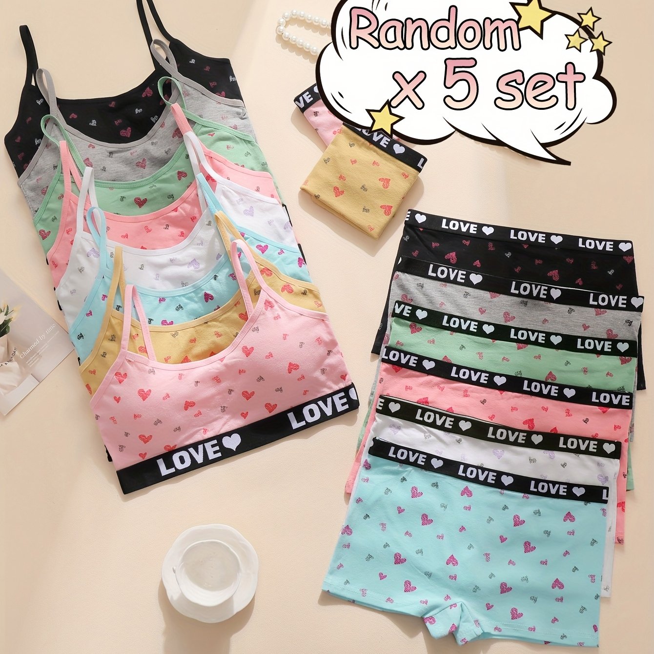 Image of Random 5pcs Cute Print Girls' Daily Underwear Set, Soft Comfortable Breathable Camisole And Panties, Suitable For 12-16 Year Old Teenager, For Teenager, For Teenager