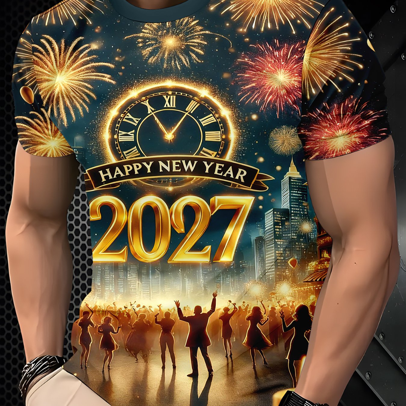 TEMU 2027 New Year Fireworks Short-sleeve T-shirt, Festive Streetwear Round-neck Top