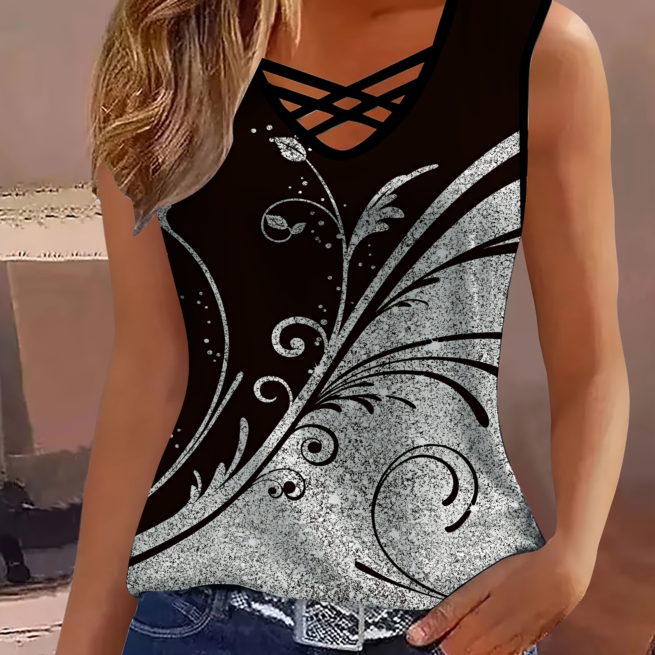 Image of Elegant V-neck Crisscross Strap Printed T-shirt Fashion V-neck Crisscross Strap Silver Gray Botanical Print Vest