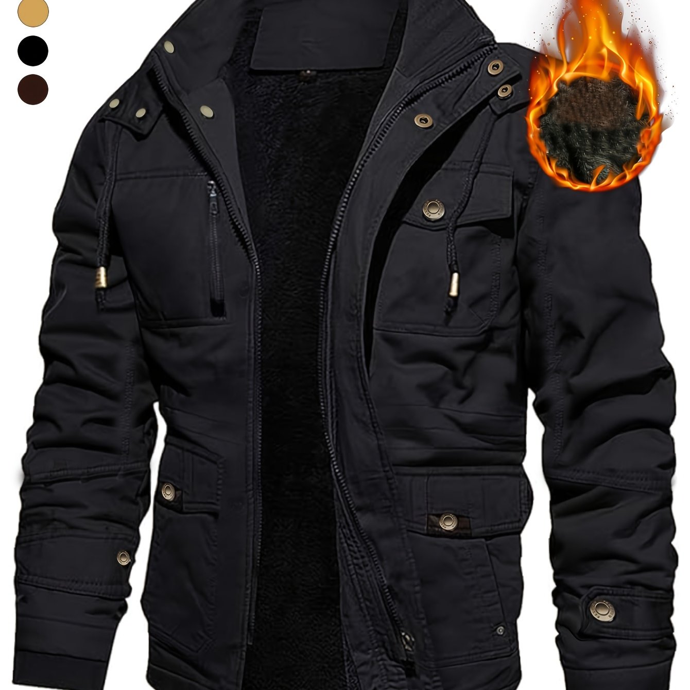 TEMU Men's Thickened Warm Mid-length Heavy Jacket, Casual Workwear With Multiple Pockets, Zipper, Outdoor Detachable Hood