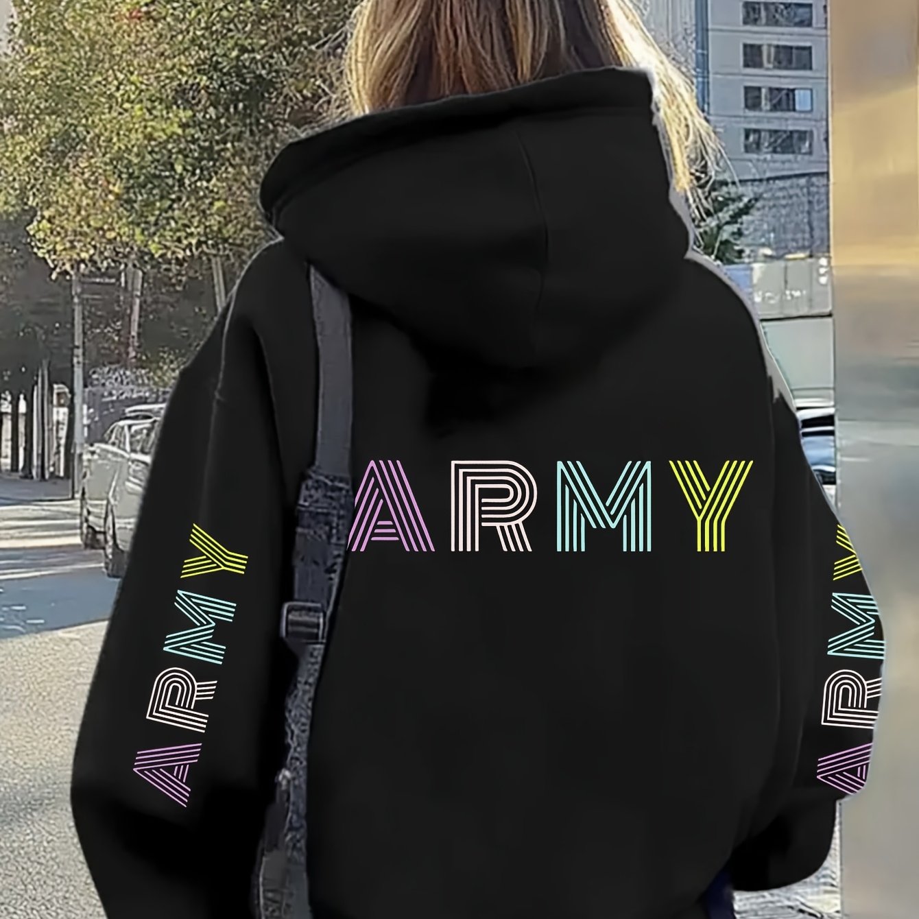 TEMU Sweat à capuche confortable et décontracté pour femmes grande taille, impression "ARMY" en lettres , manches longues, col rond, légèrement