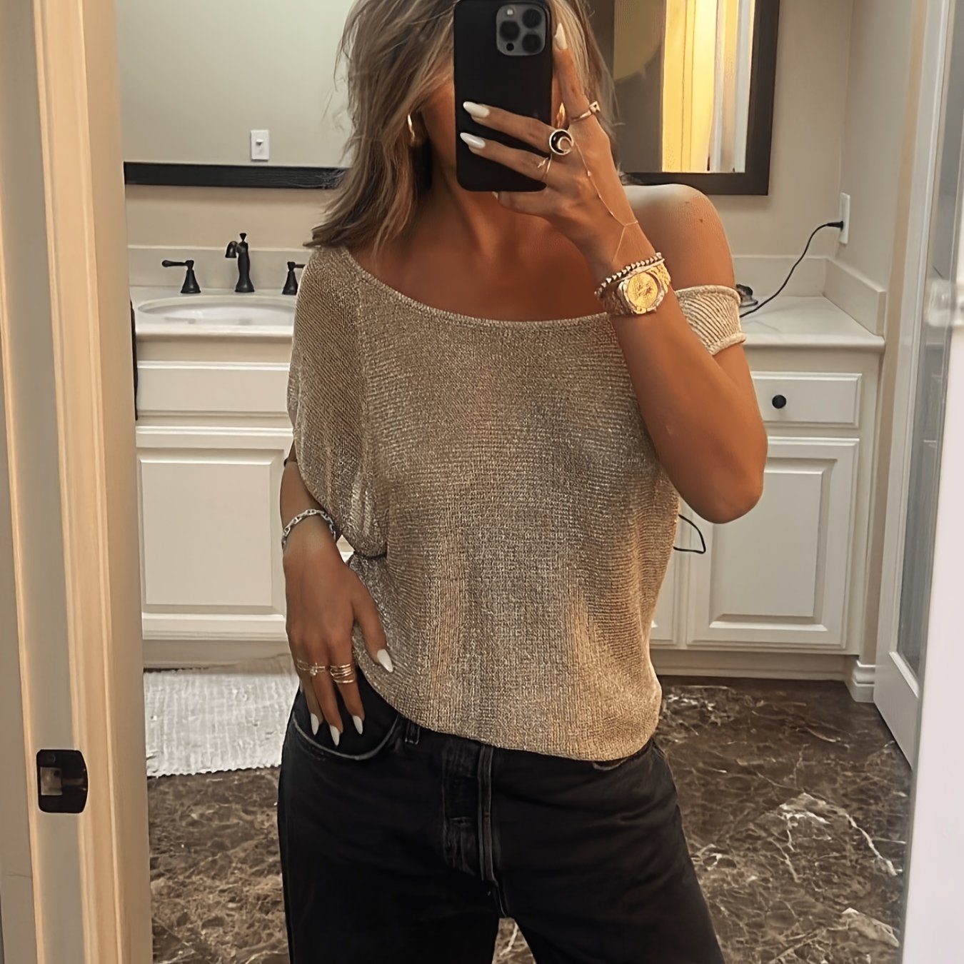 TEMU Western Sparkling Sheer Blouse Women's Clothing: Chiffon Off-shoulder Short Sleeve Shirt Summer Sparkling Top [hw915]