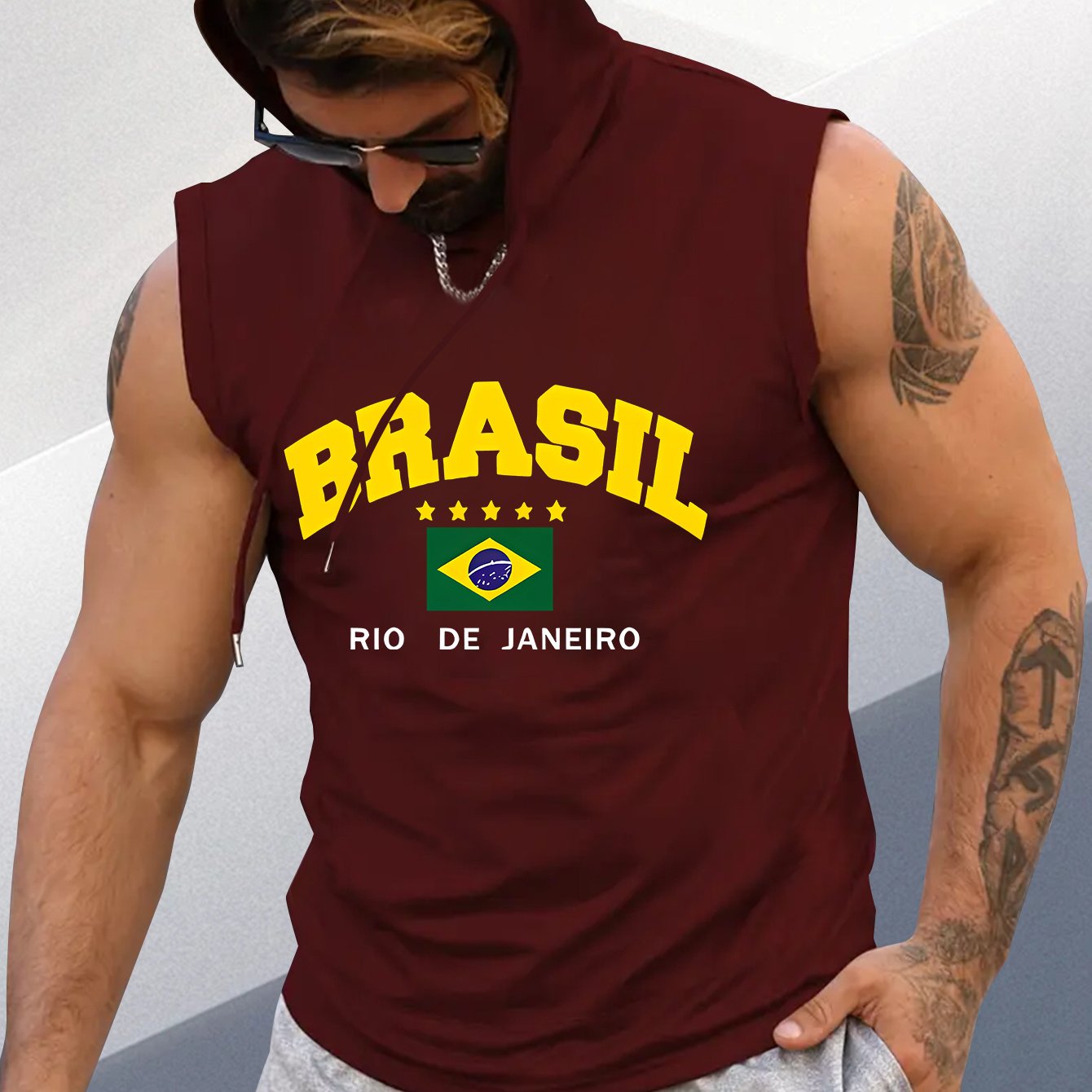 TEMU Débardeur à Capuche Imprimé Drapeau Brésilien pour Hommes - Noir, "BASIL" avec Design de Rio de , Polyester Léger pour Sports d'Été & Activités