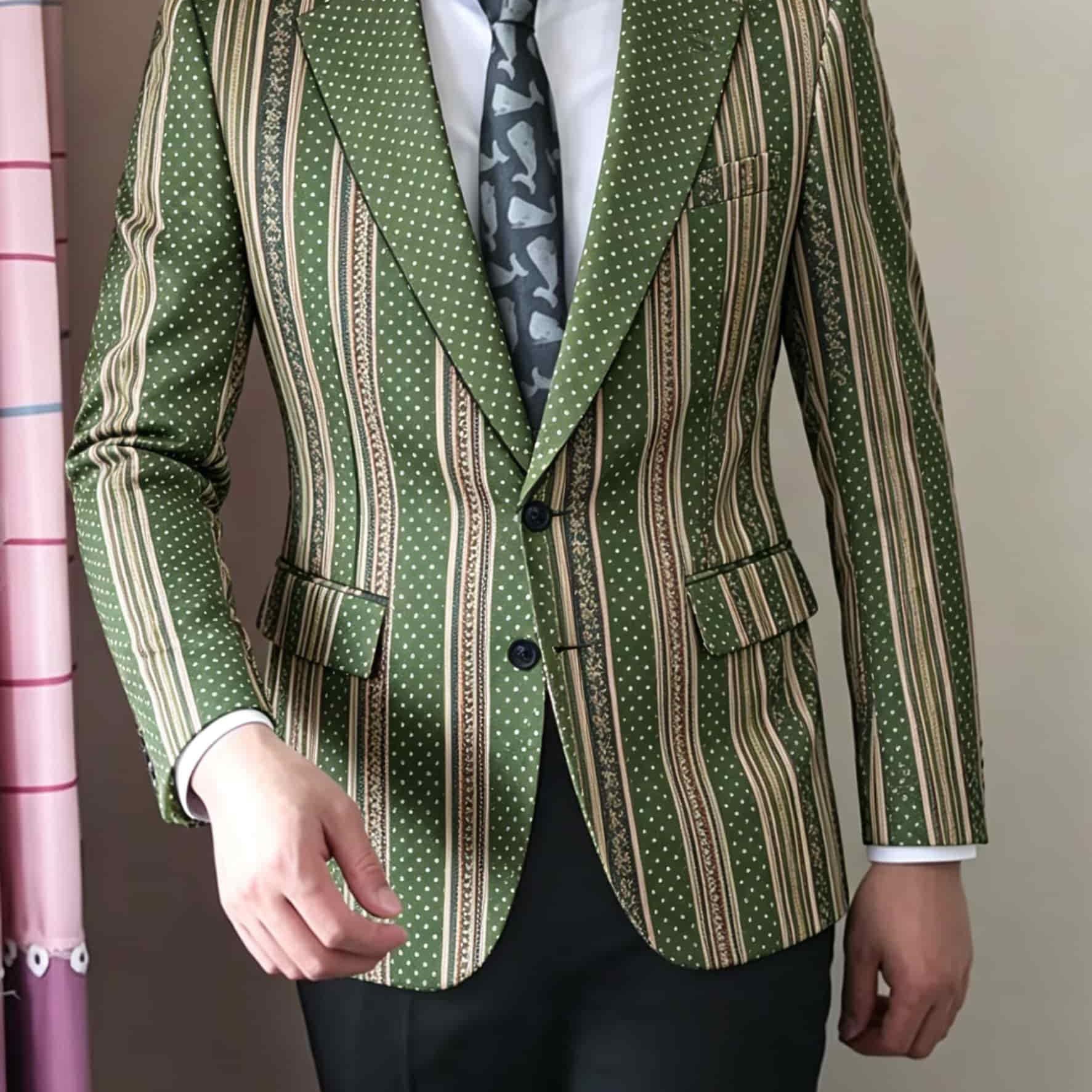 Men's Blazer Green Striped Polka Dot Pattern Formal Wear Party Suit