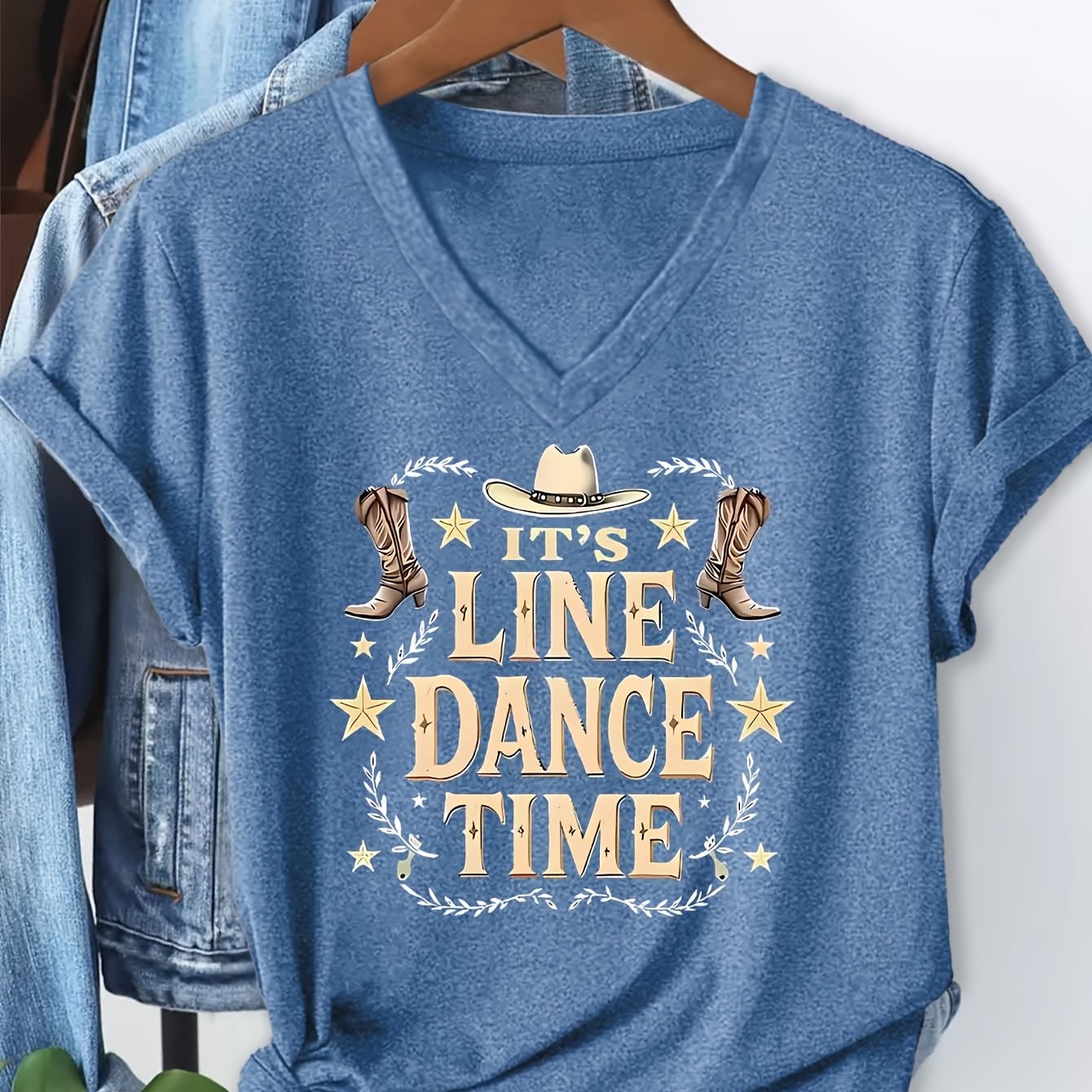 TEMU Summer Western Dance Soul Colorful Printed V-neck Short Sleeve T-shirt