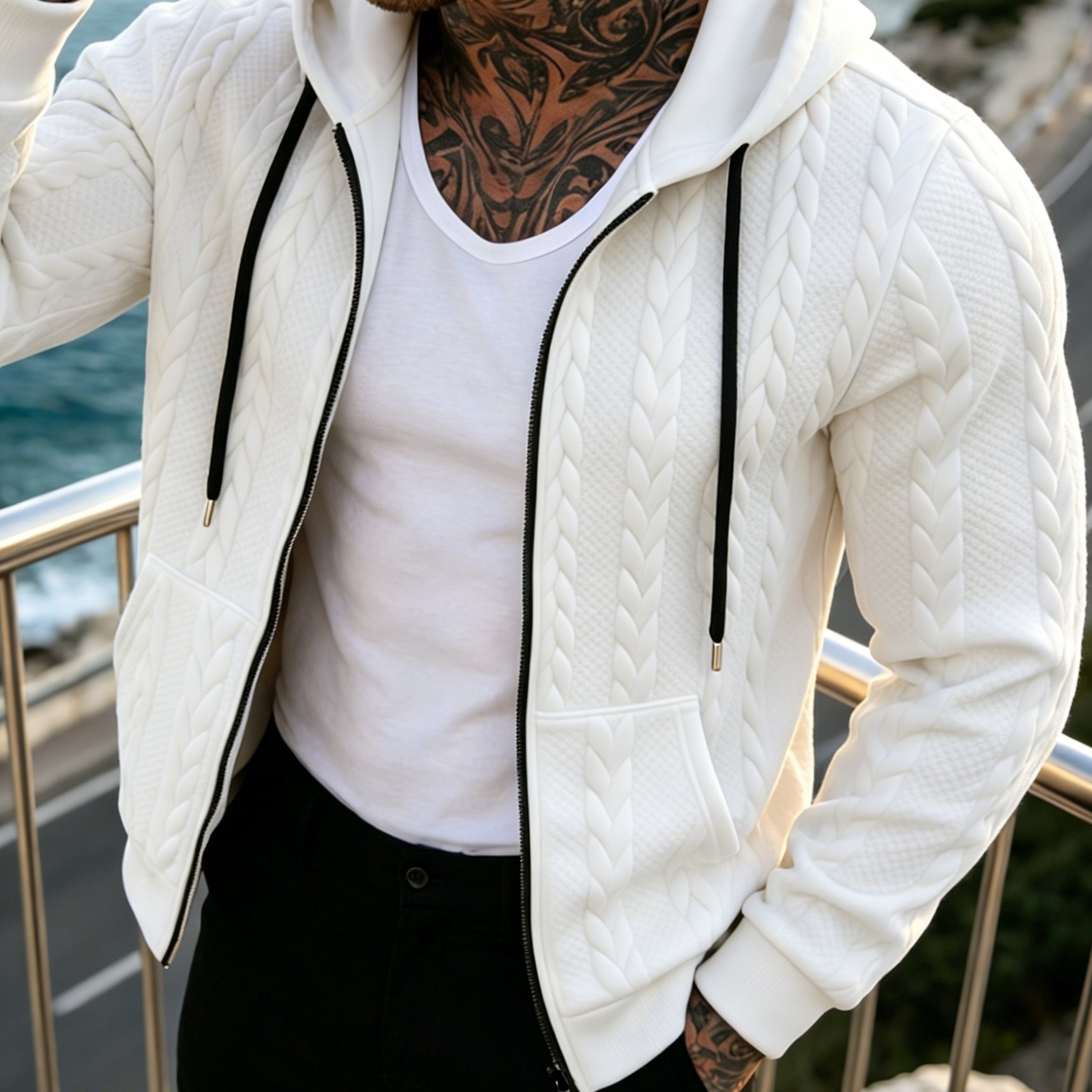 TEMU Giacca da Meixishao OBM con cappuccio a lavorate a per /inverno, capospalla casual a maglia jacquard vintage a , design con cerniera intera a e