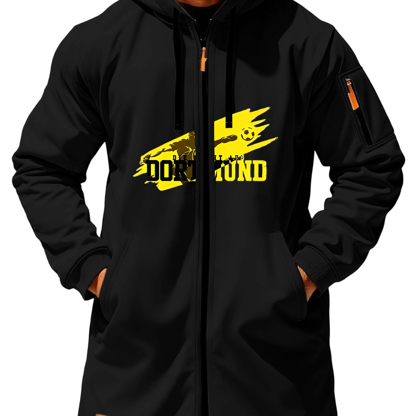TEMU Street-style Long Hooded Coat Featuring Football Elements And Team Name Decorations, Mid-length Design With Three-dimensional Side Pockets, And