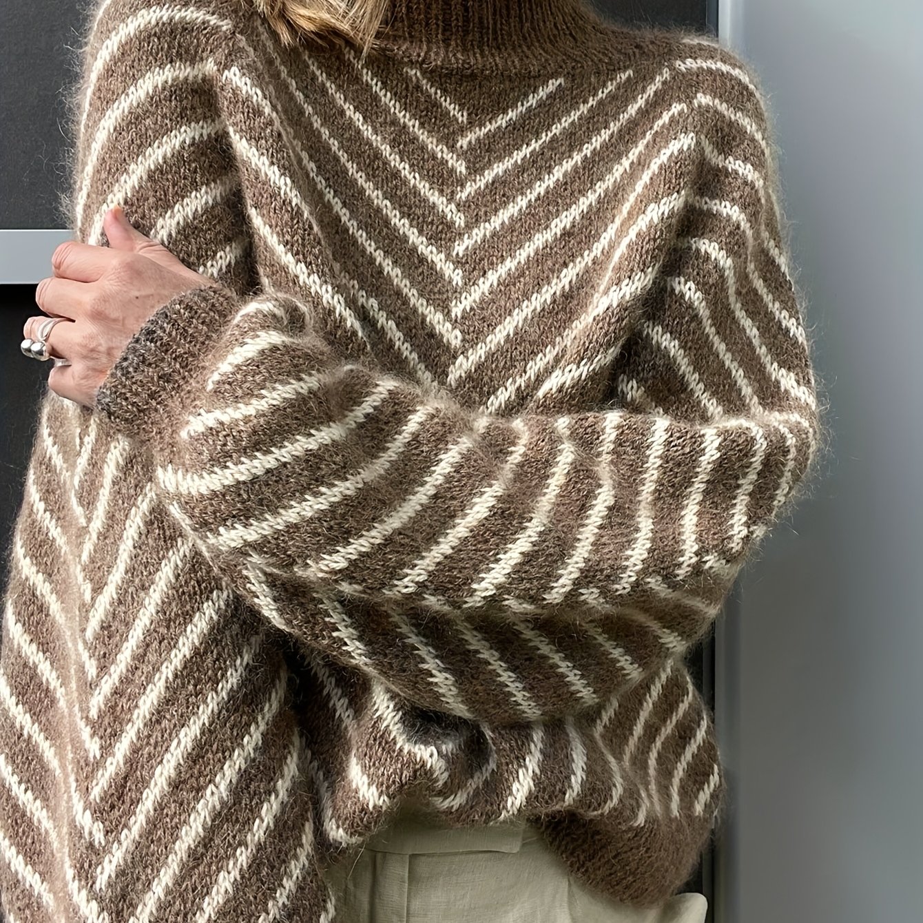 Summer New Elegant Women's Clothing Ladies Long Sleeve Sweater Striped Half Turtleneck Pullover Shirt Coffee-colored Fashion Top Beautiful Blouse