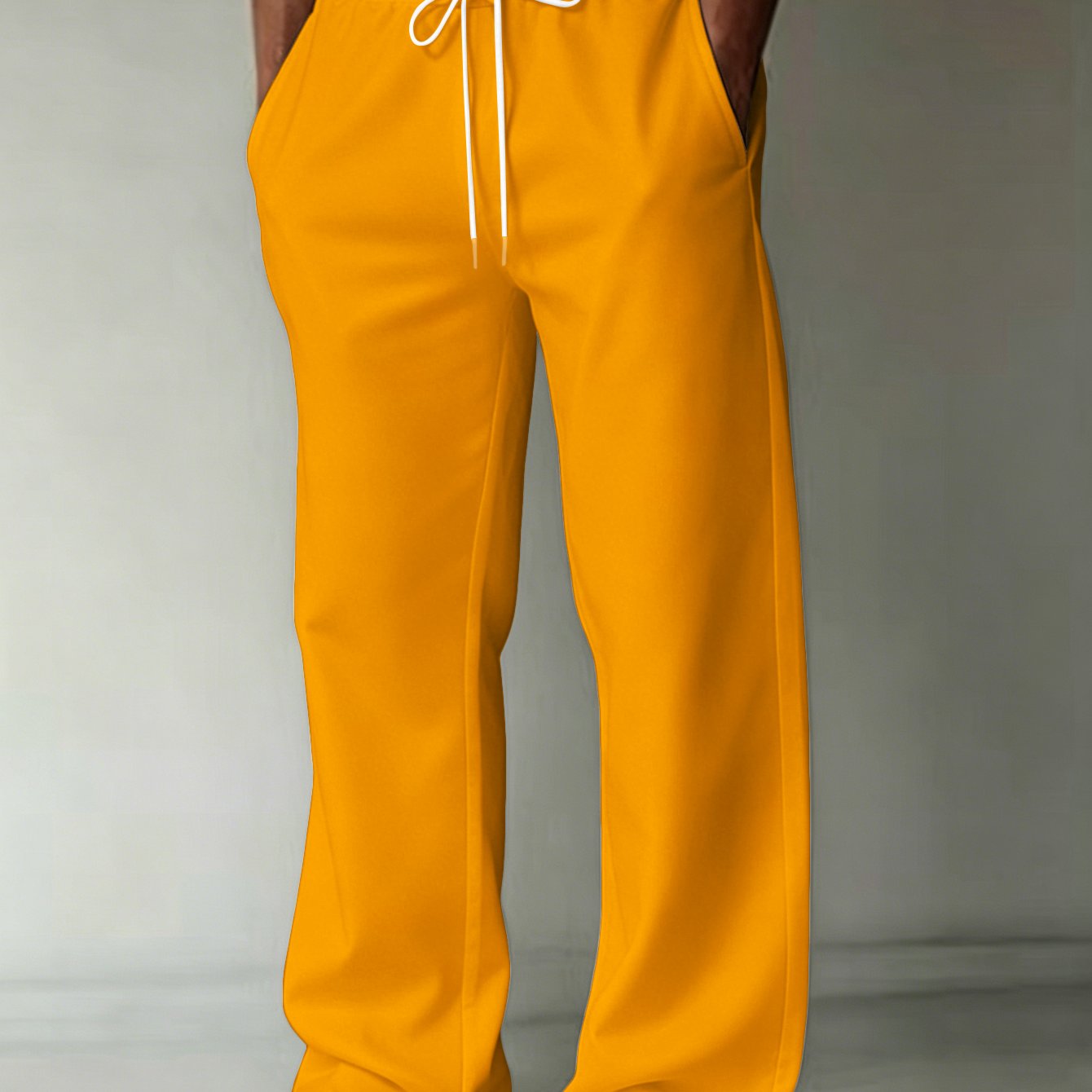 TEMU Men's Casual Trousers, A Pure Orange Background Image, Personalized Color-blocking Design, Trendy Drawstring Men's Trousers, Loose Everyday