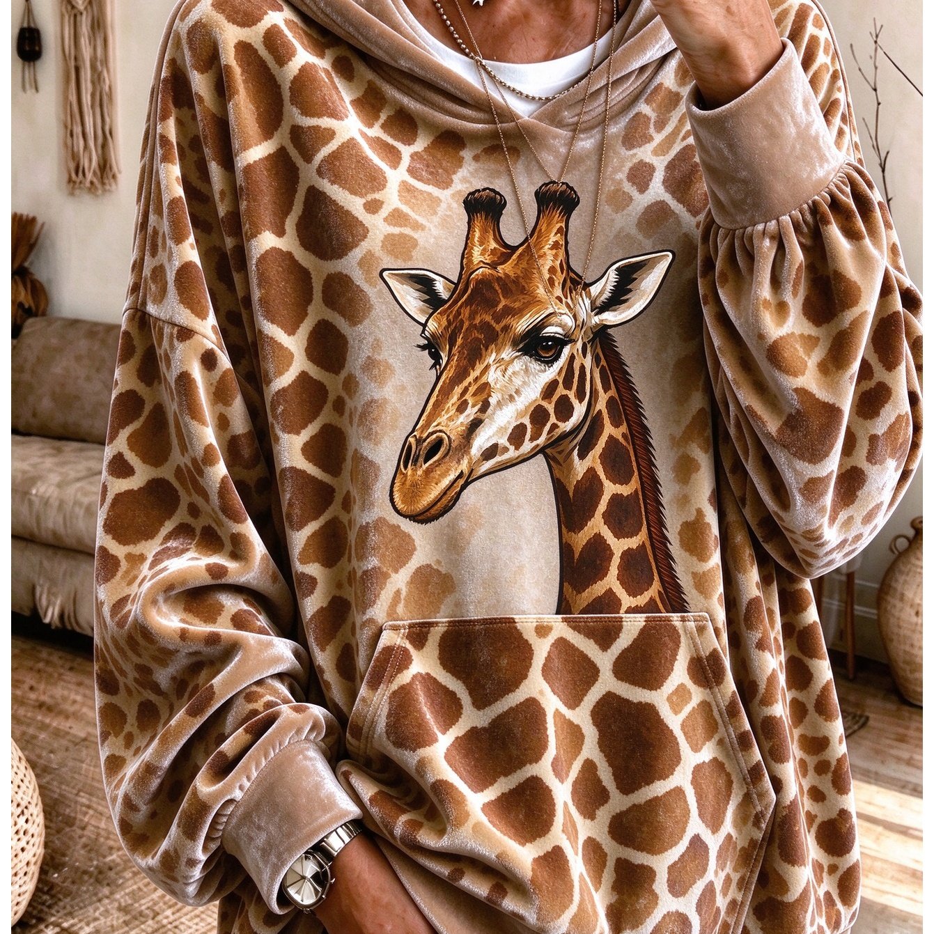 Image of Elegant Women's Velvet Hoodie Featuring A Stylish Giraffe Print; A Versatile, Long-sleeved Pullover Perfect For Casual , Gatherings, Holidays, And The Autumn/winter Season.