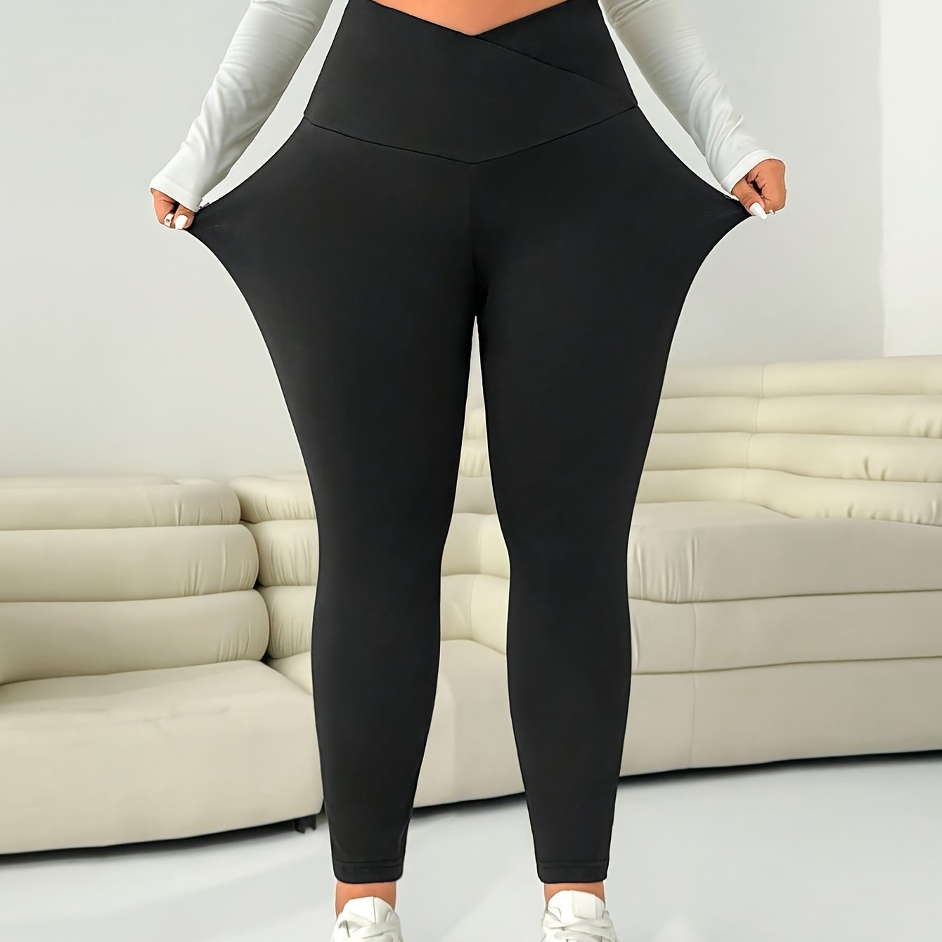 TEMU Plus Size - Plus Size - Plus Size Damen Freizeit Easy Solid High-Waist Elastische Enganliegende Leggings Hosen
