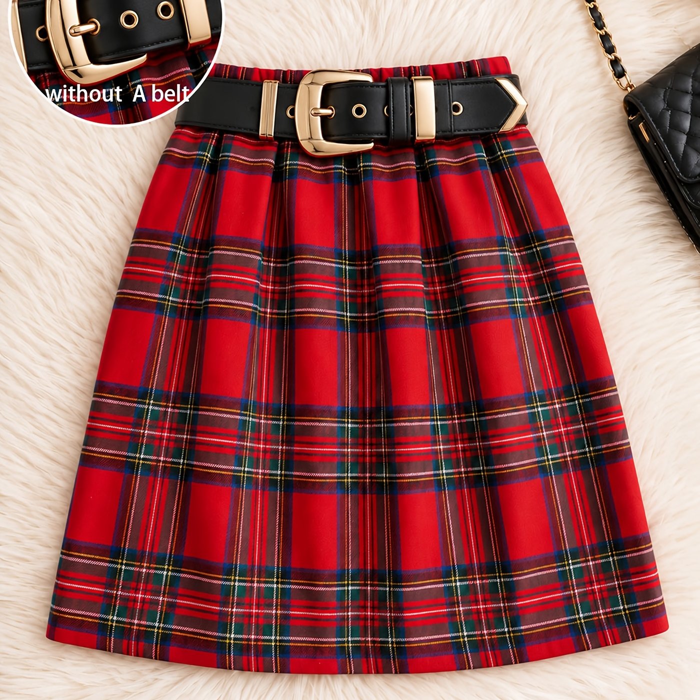 TEMU Scottish Red Check High-waist Elastic Short Skirt, Autumn Winter Christmas New Year Festive Atmosphere A-line Short Skirt, Retro Preppy Style