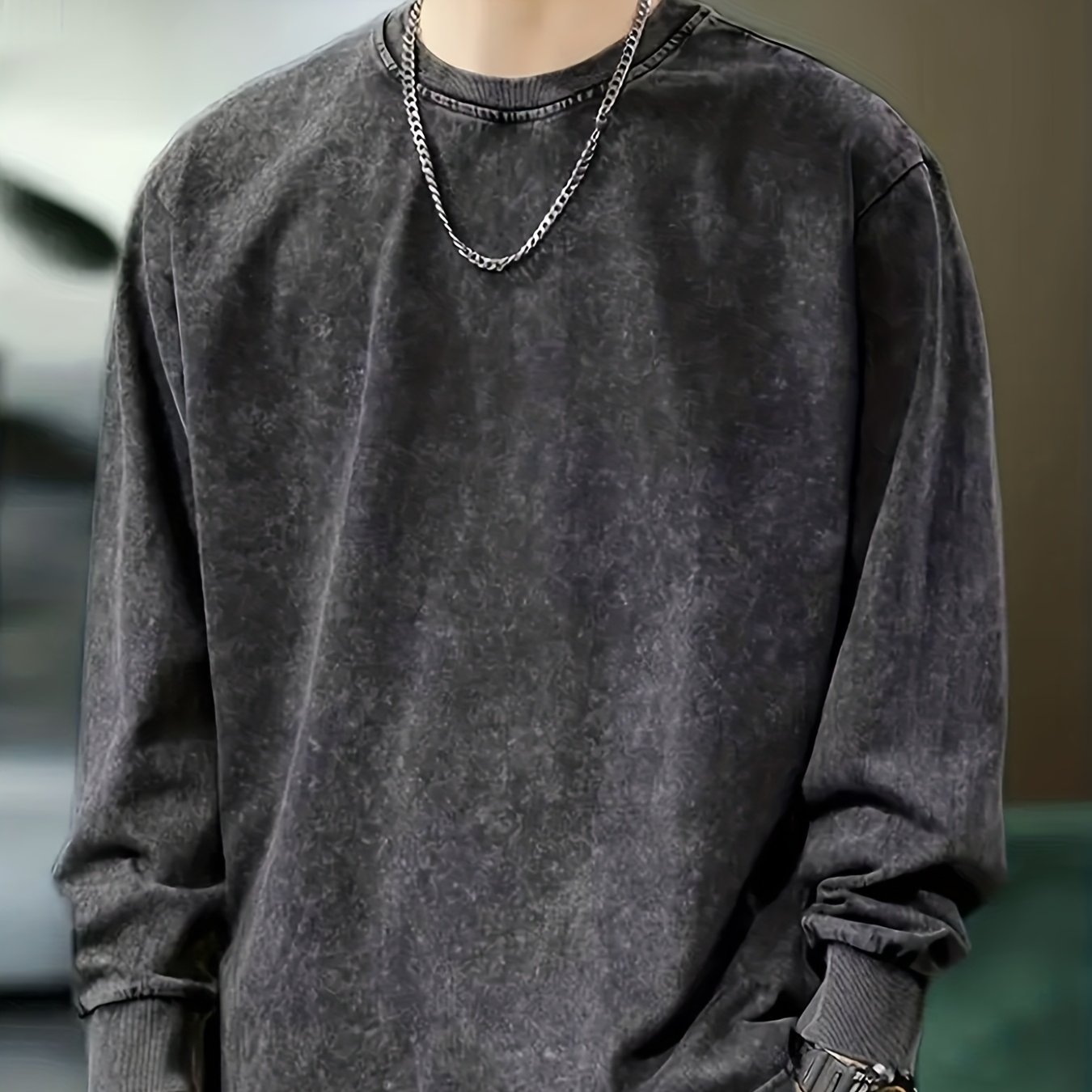 Men's Pure 100% Washed Versatile Round Neck Long Sleeve T-shirt Men's Spring Autumn Casual Top 222