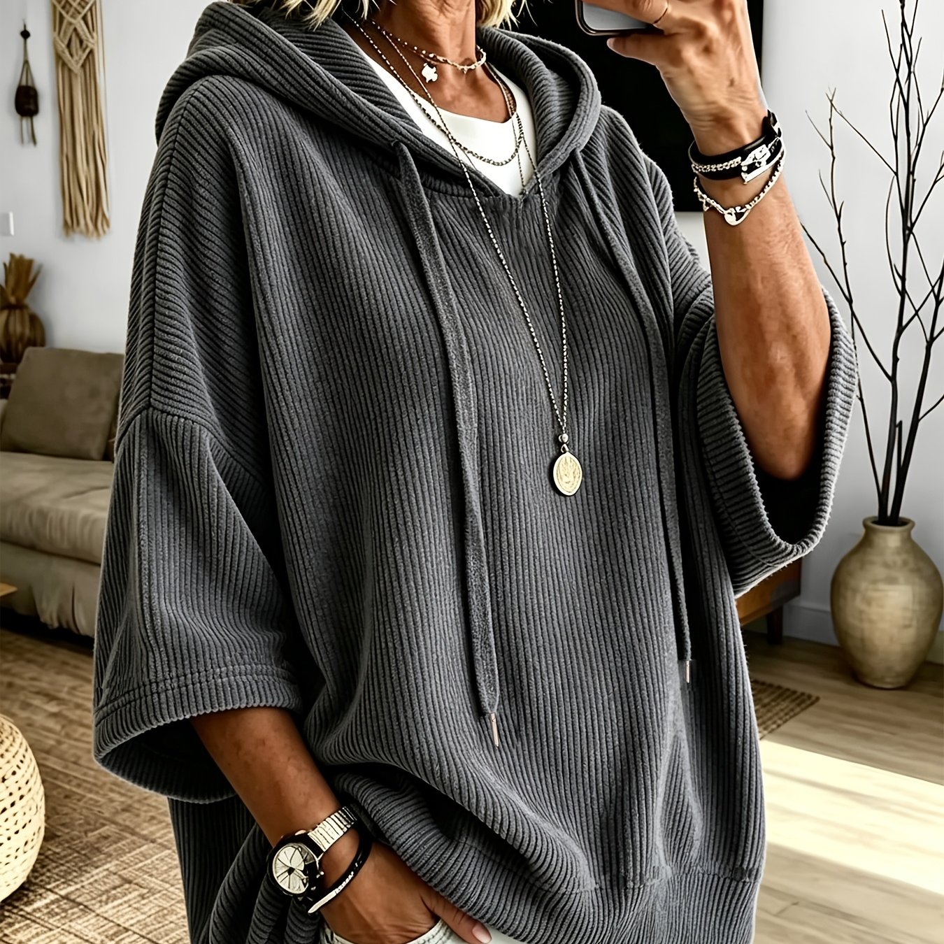 TEMU Grande Taille - Sweat à Capuche Décontracté en Velours Côtelé pour Femme avec Cordon de Serrage, Haut à Capuche et Polyvalent, Haut Élégant pour