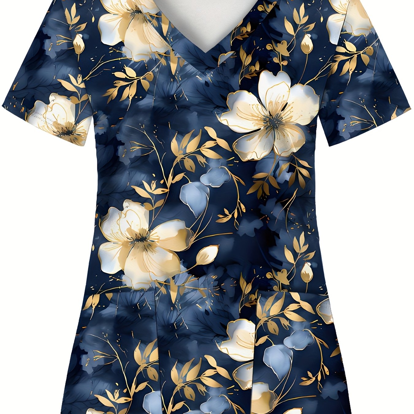 TEMU Plus Size - Print, Dark Base With Golden Floral Pattern, 2 Pockets, Women's Scrub Top, Comfortable T-shirt For Healthcare Professionals - Soft,
