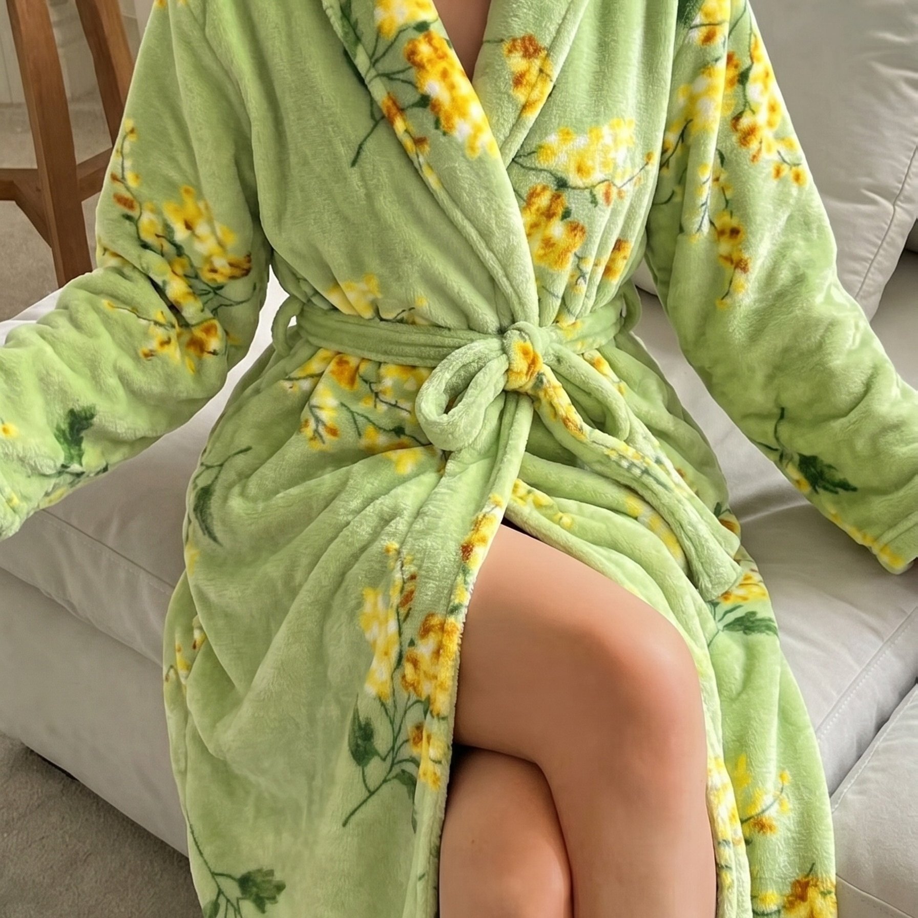 Autumn And Winter Grass Green Belt Style Nightgown, With Pockets On Sides, Women's Bathrobe, Soft And Comfortable, Absorbent, Machine Washable
