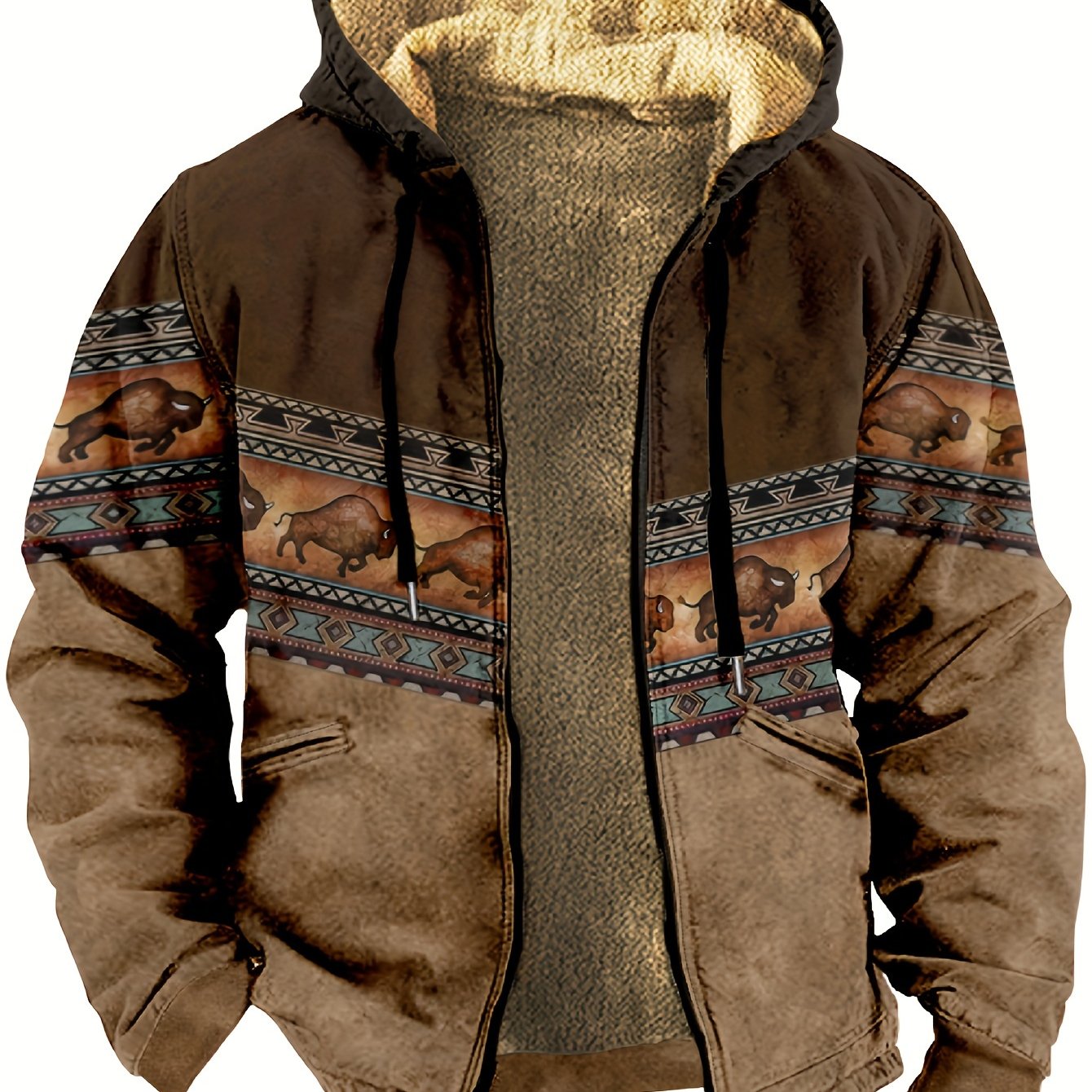 Bohemian Style Men's Autumn/winter Vintage -lined Zip-up Hooded Sweatshirt