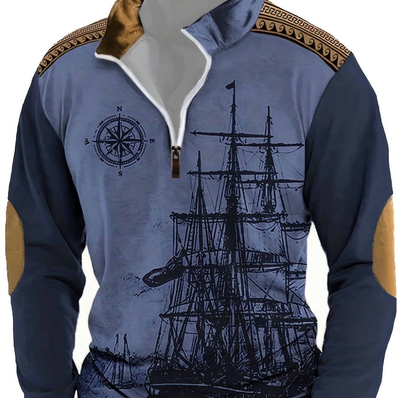 TEMU Vintage Nautical Ship Print Henley Sweatshirt For Men - 100% Polyester Henley Top With Lapel Collar, Slight Stretch Fabric, Zipper Detail, Loose Fit, Knit - Fall/winter Casual Pullover