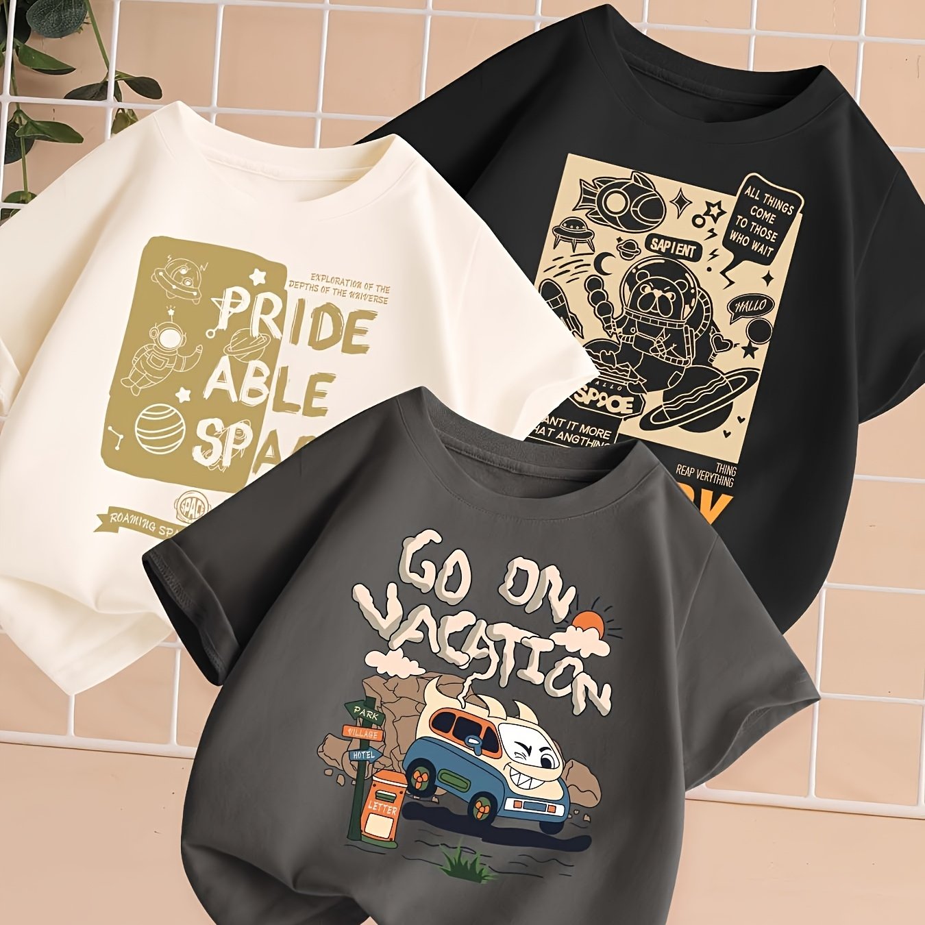 Mianzhi Kids Shop 7.5% Off Boys' Fashion Pure Crew Neck Short Sleeve T-shirt 3pcs Set, Astronaut Print, Suitable For Casual And Sporty Occasions, Summer Boys' Short Sleeve Top