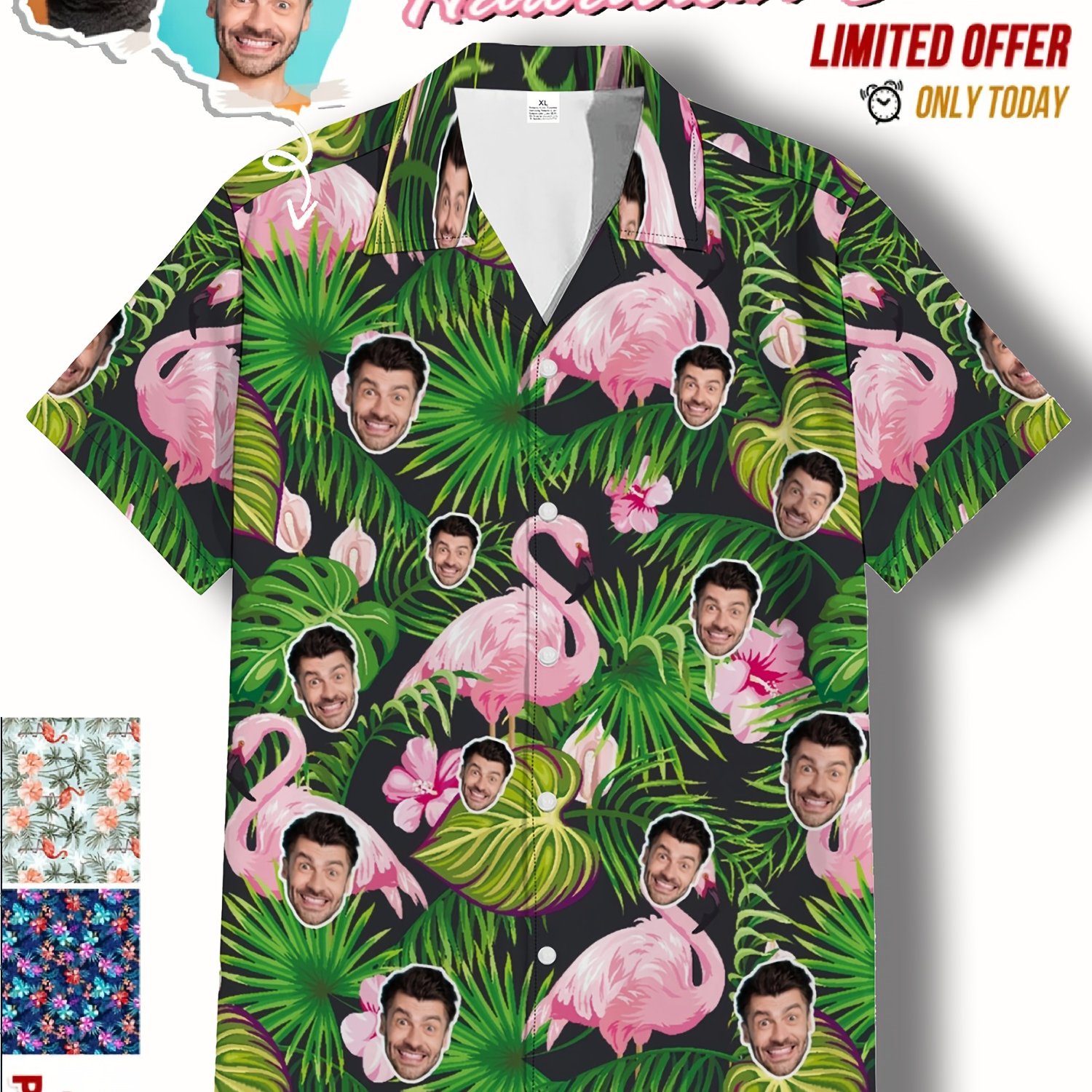 TEMU Customizable Hawaiian Shirt For Men - Personalized Photo Print, Vibrant With Floral & Starfish Patterns, Short Sleeve, Button-up, Lightweight