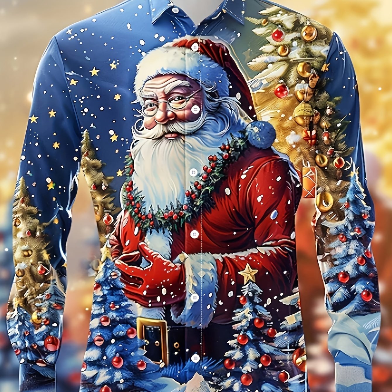 Image of Men's Casual Santa Claus Printed Cardigan - Long Sleeve, Button-up, Lapel Top For Halloween, Thanksgiving, Christmas, New Year Parties, Christmas Garland