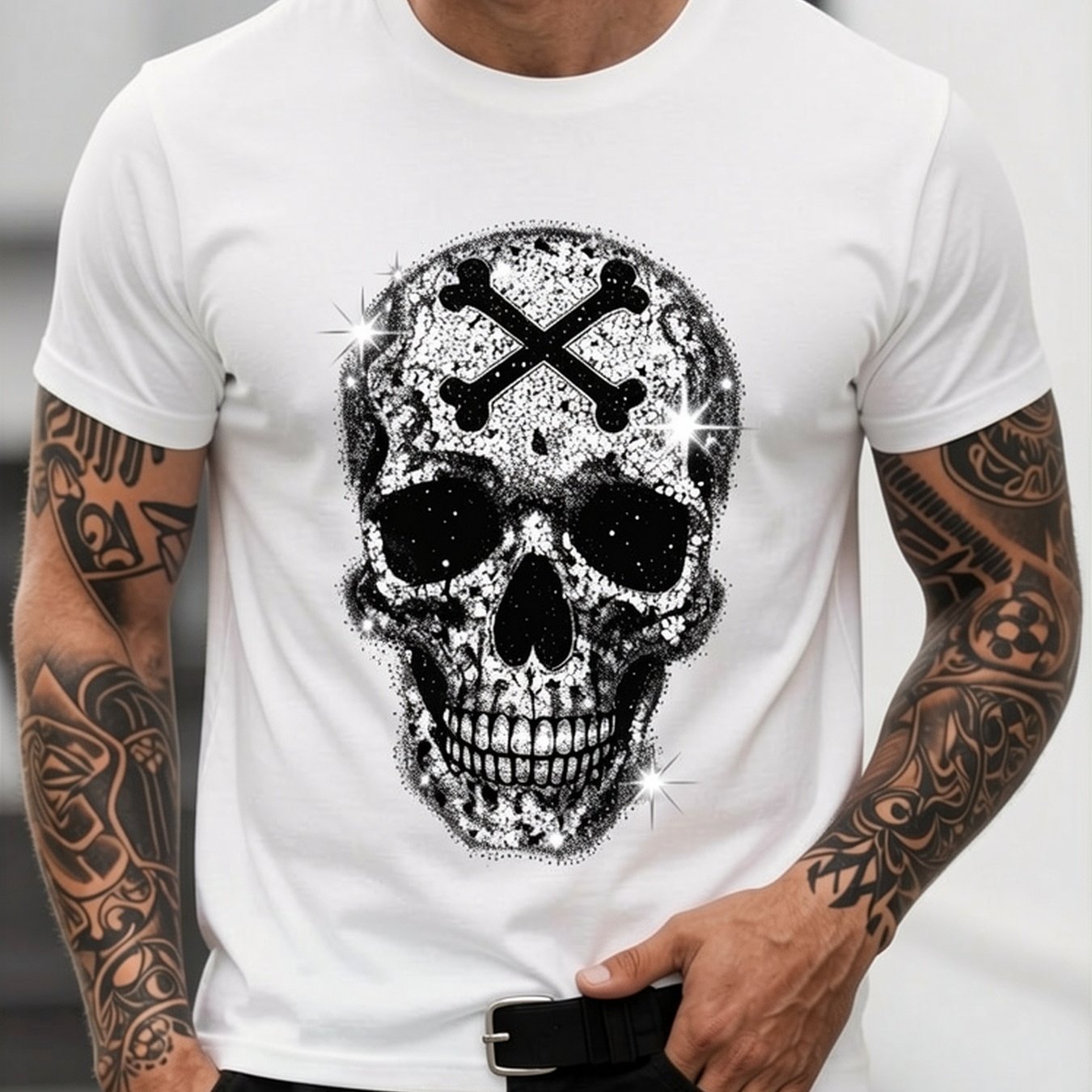 Image of Men's Rhinestone Skull Graphic T-shirt - Sparkling Rhinestone Crew Neck Short Sleeve, Breathable Loose Fit Casual Shirt Suitable For Daily Wear, Parties & Outfits, Machine Washable Non- Top