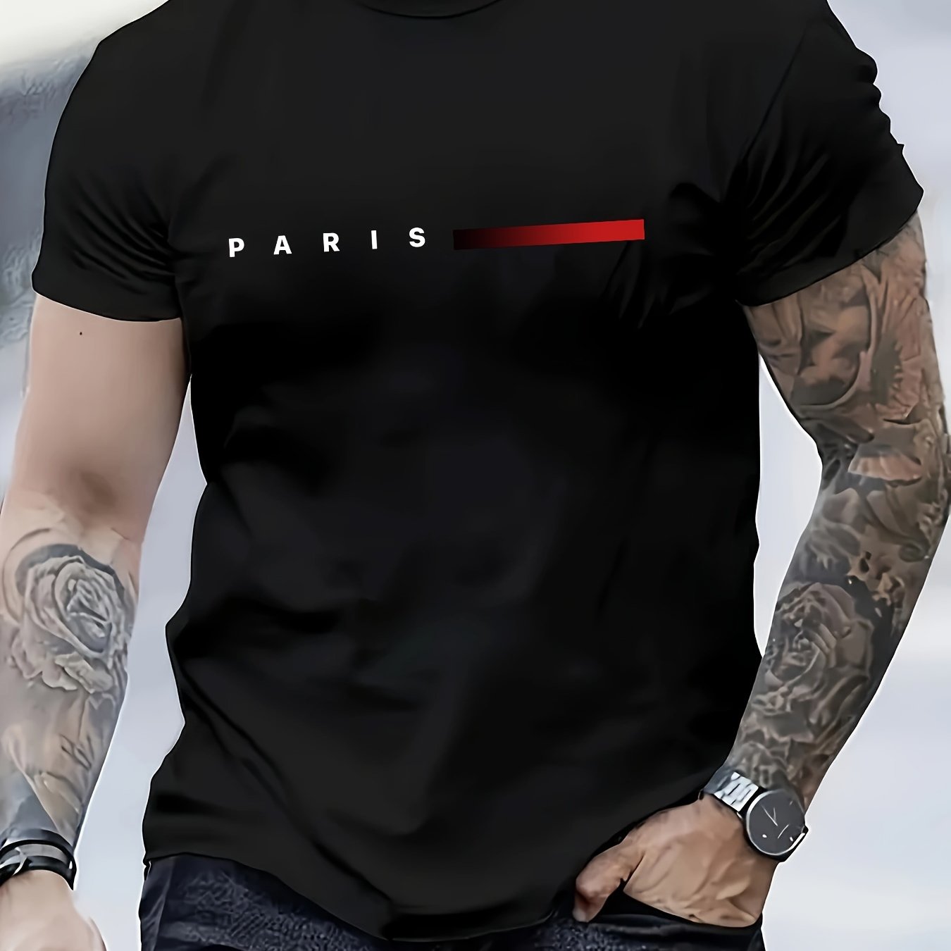 TEMU Men' Paris Print T-shirt, Casual Round Neck, Soft Polyester, Regular Fit, Summer Top, Knitted Fabric, Adult Size, Mbdmbd Brand