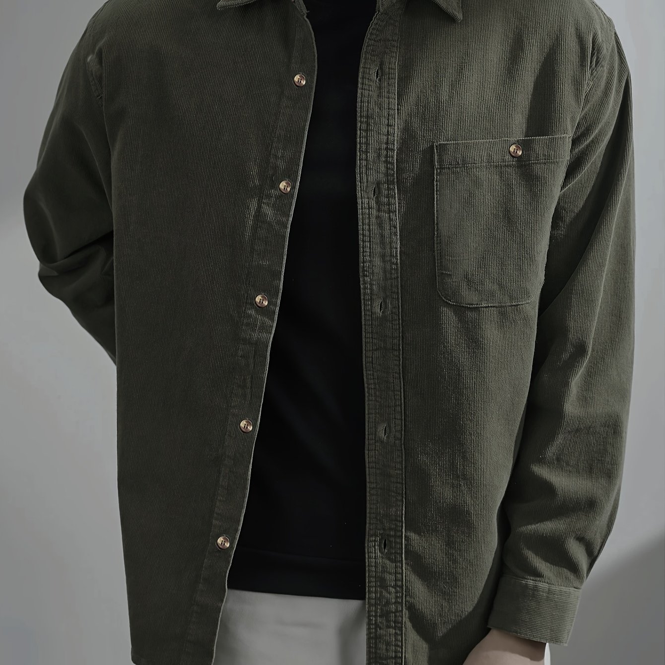 Image of Jingmelin : Button-up Shirt Jacket Coat, /autumn Casual , In-stock Solid Color Lapel Corduroy Men's Shirt, Korean Style Long-sleeve Shirt For Men