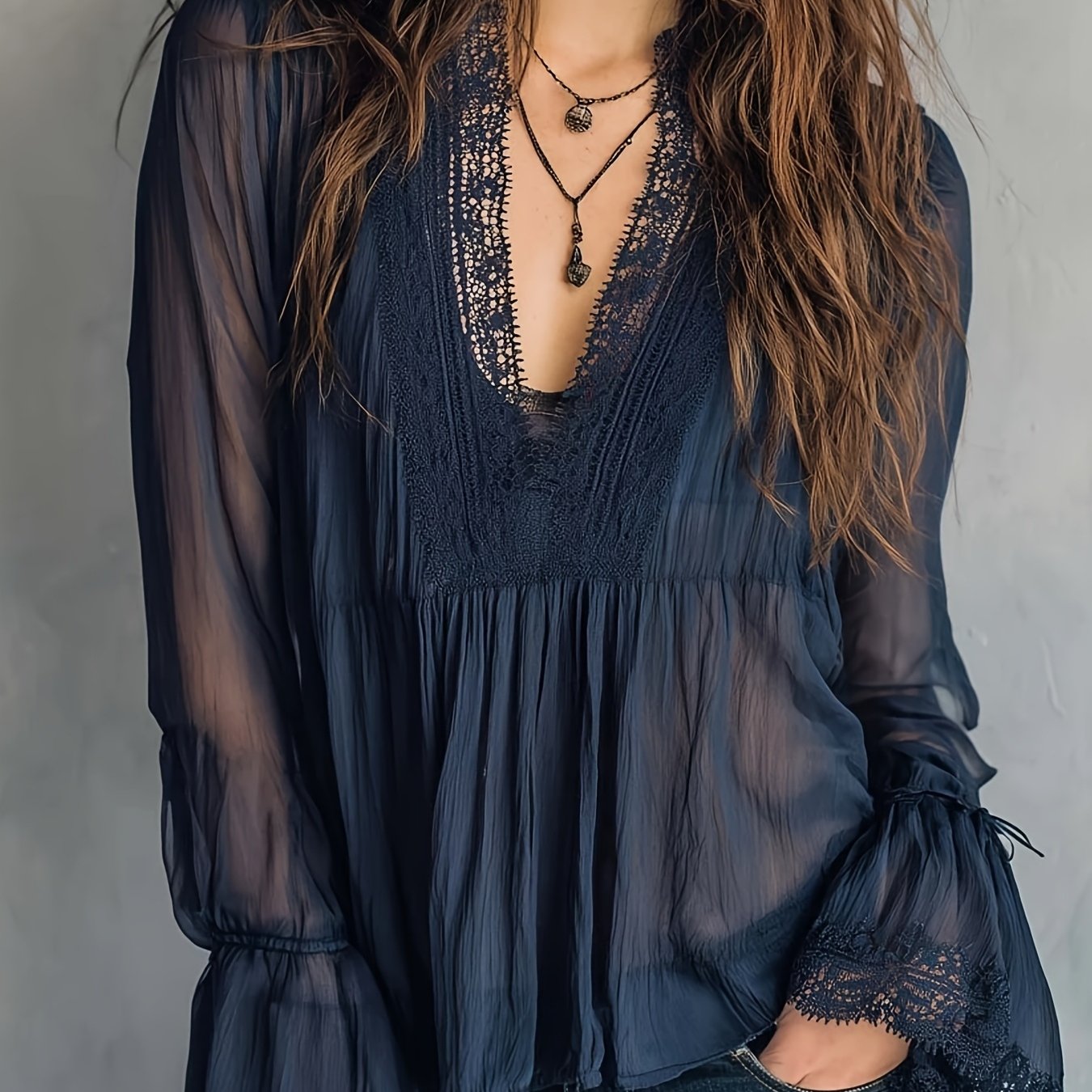 Image of Women's Vintage Lace Trim V-neck Blouse - Solid Color Long -free Collar Shirt Suitable For Spring Summer Casual Wear, Machine Washable Retro Blouse With Zipper Closure (no)