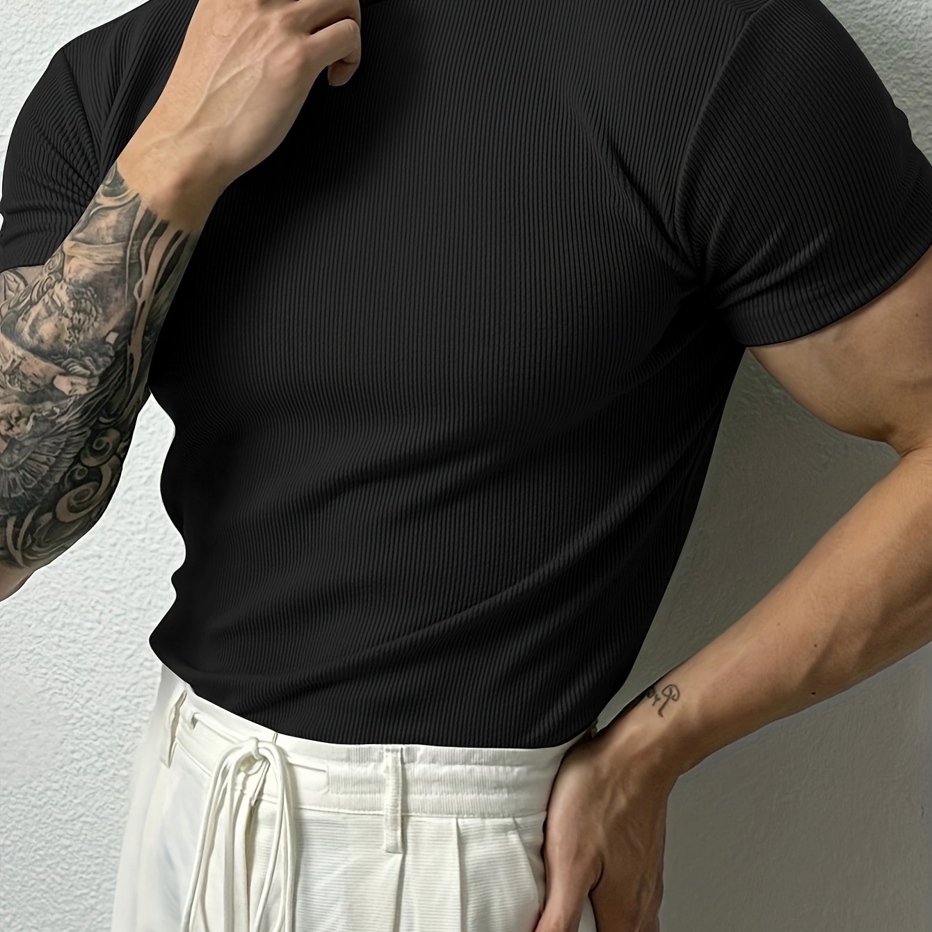 Image of Men's & Unisex High Neck Short Sleeve Shirt - Slim Fit Stretchable Striped Athletic Top Suitable For Summer Gym Wear, For Training, For, For Parties & Evening Events - Machine Washable Stretch Fabric