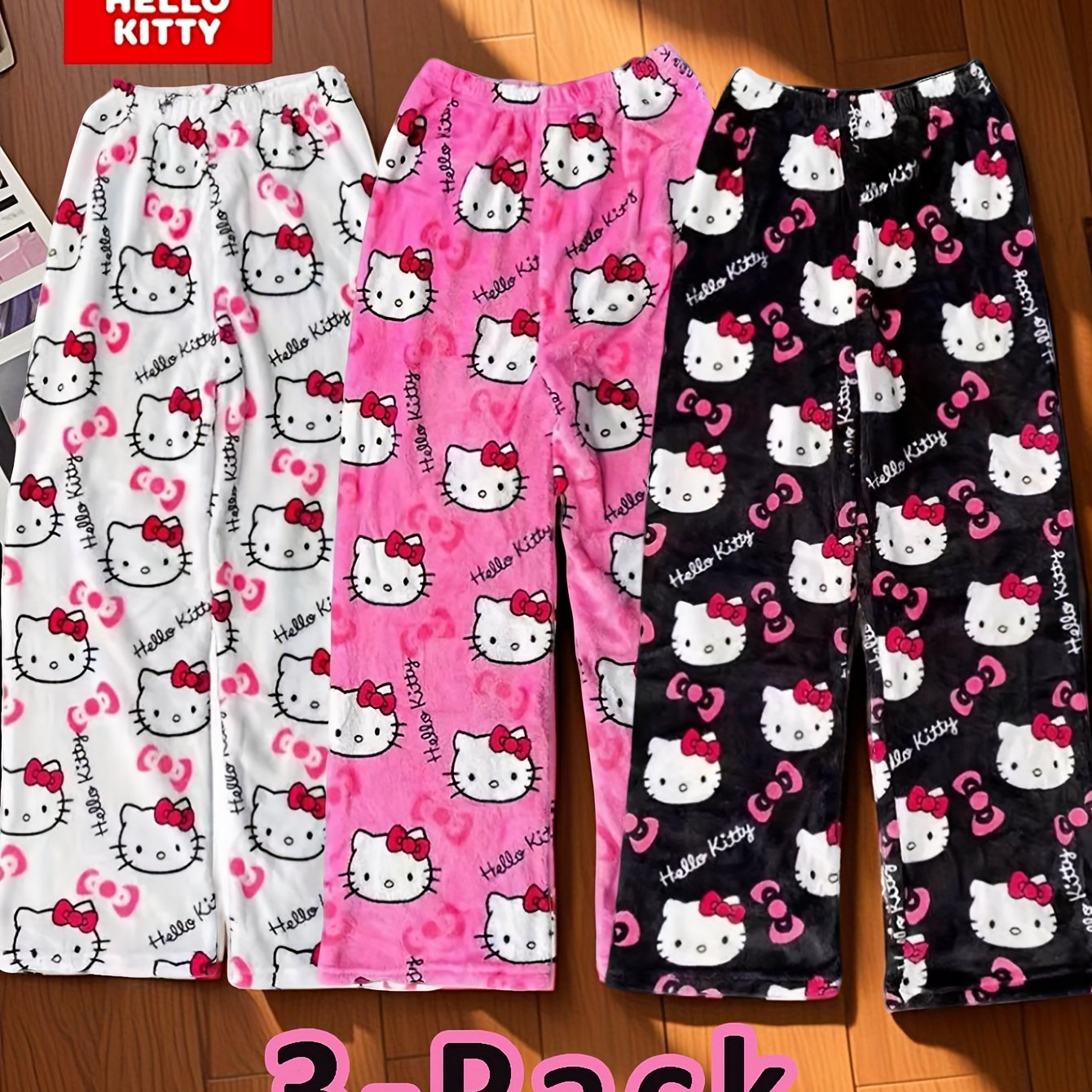 Women's Flannel Pajama Pants Set, Cute Cartoon Ins-style 3pcs Set, Warm Sleep Pants, Adult & 3-