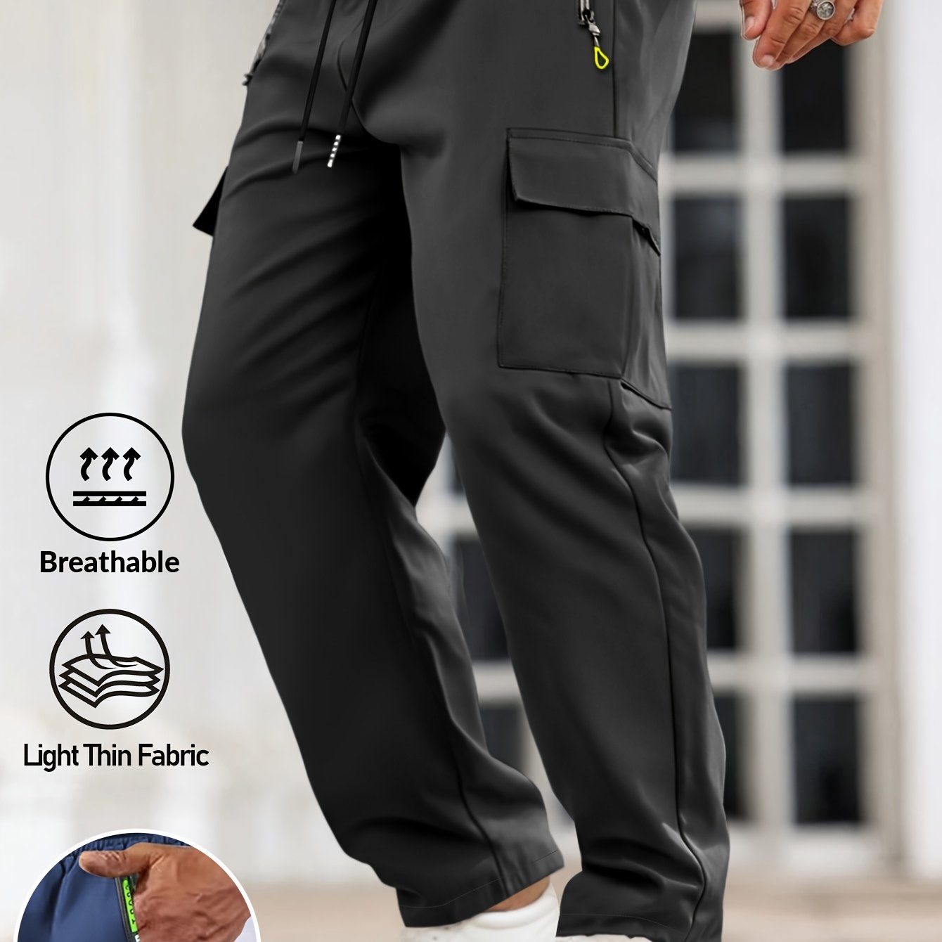 E-shop 1 Stück Herrenmode Hose in Unifarben mit Reißverschluss Kordelzug, Mehrfachtaschen, Bequem Atmungsaktiv, Ideal für Sommerliche