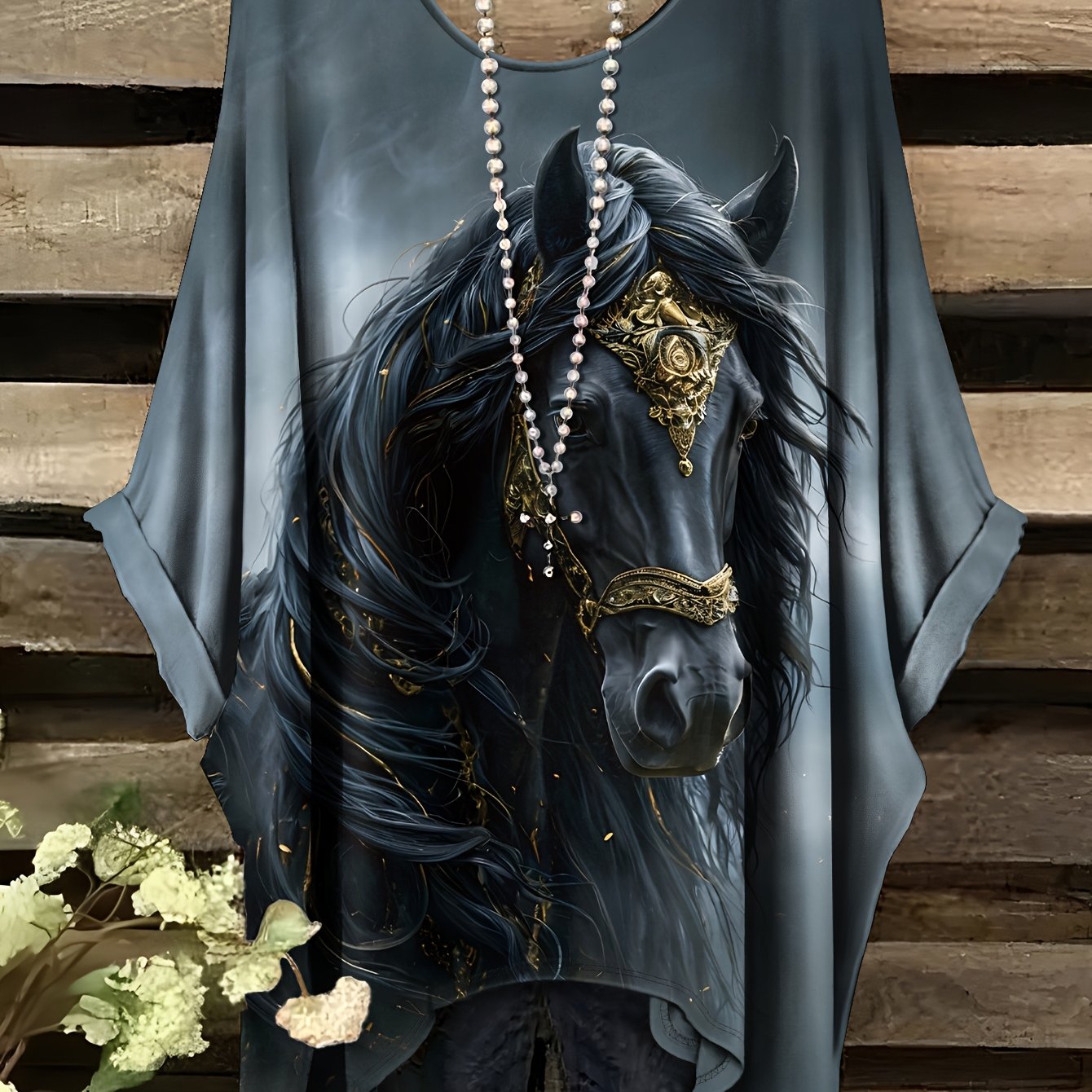Image of Plus Size, Plus Size Horse Print Women's Short Sleeve T-shirt, For , Work, Daily Commutes, Casual Crew Neck Oversized Tee, No Accessories