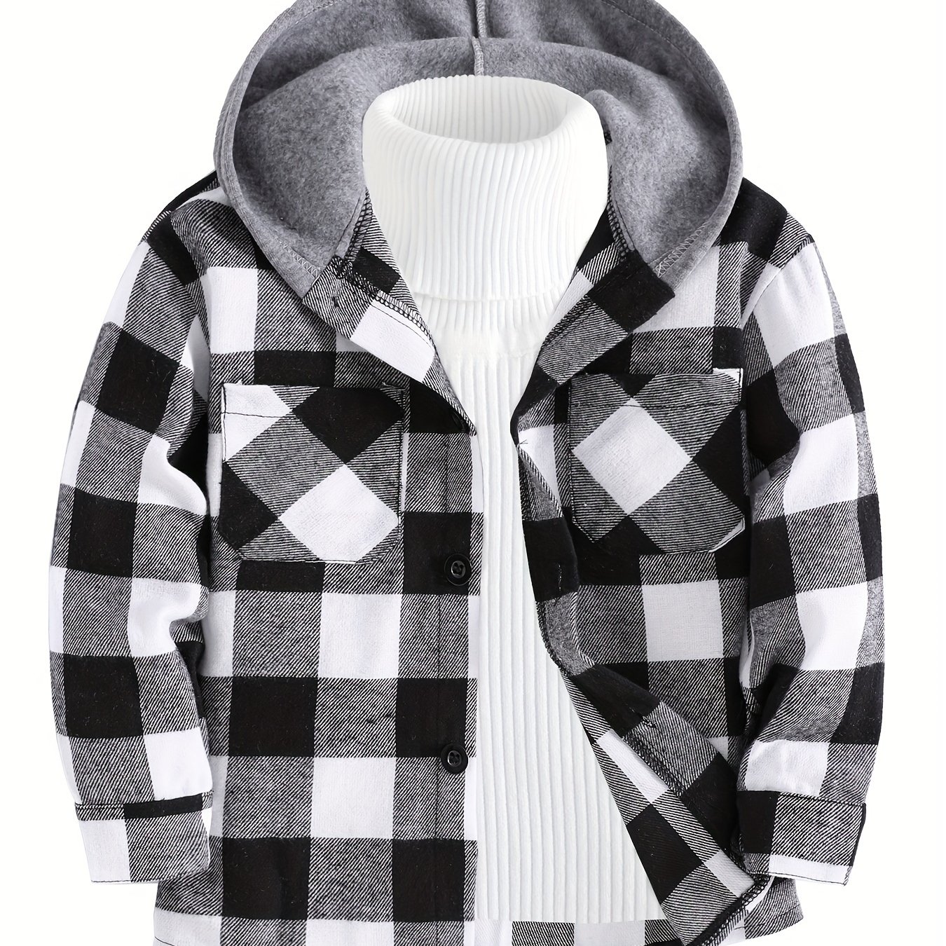 Image of Boys' Casual Hooded Shirt, Long Sleeve Button-up Top, Fashion Outerwear, Back To School Essentials, Autumn Essentials