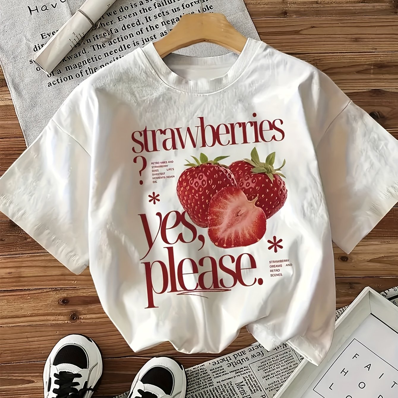 TEMU Strawberries Letter Strawberry Print Short Sleeve Round Neck T-shirt