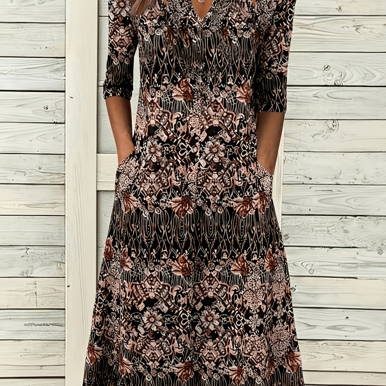 TEMU Women's Vintage Full-body Floral Print V-neck Short Sleeve Dress - Fitted -line Short Dress Suitable For Spring/summer, Machine Washable