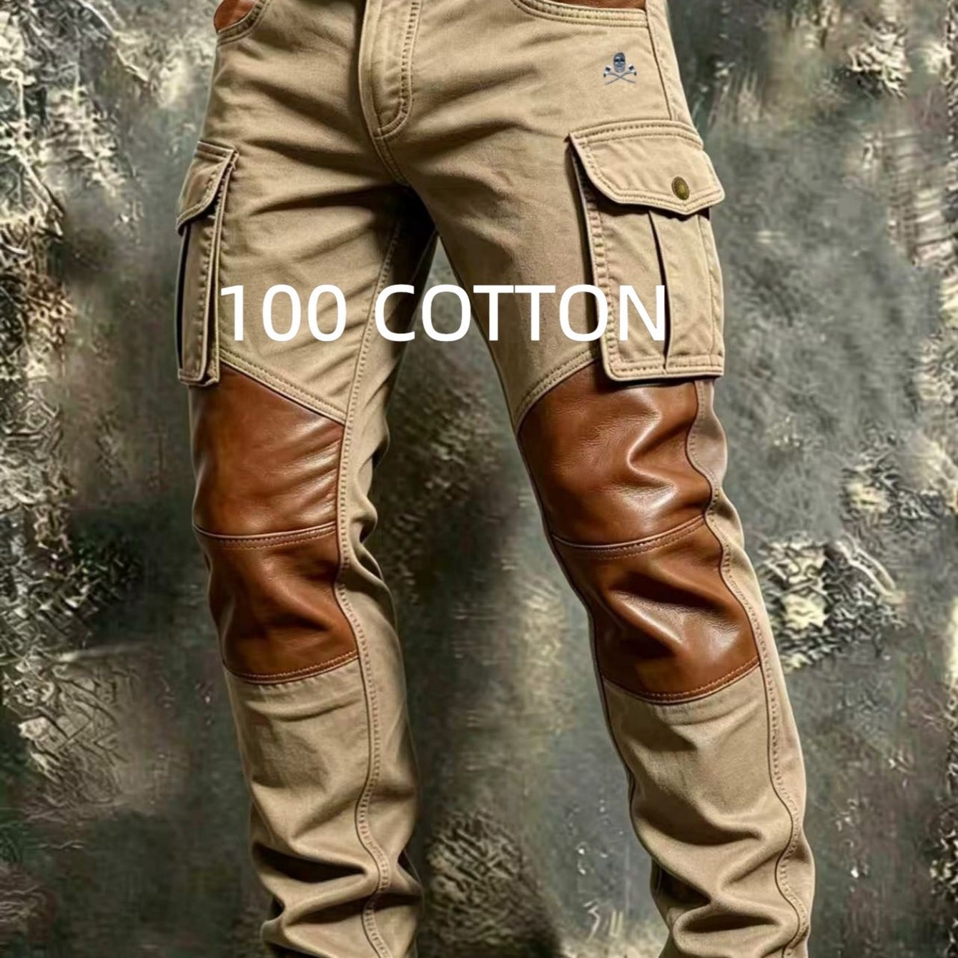 Street Trend Washed 100% Leather Cargo Pants Men's Belt Loop Large Side Flap Storage Pocket Long Trousers