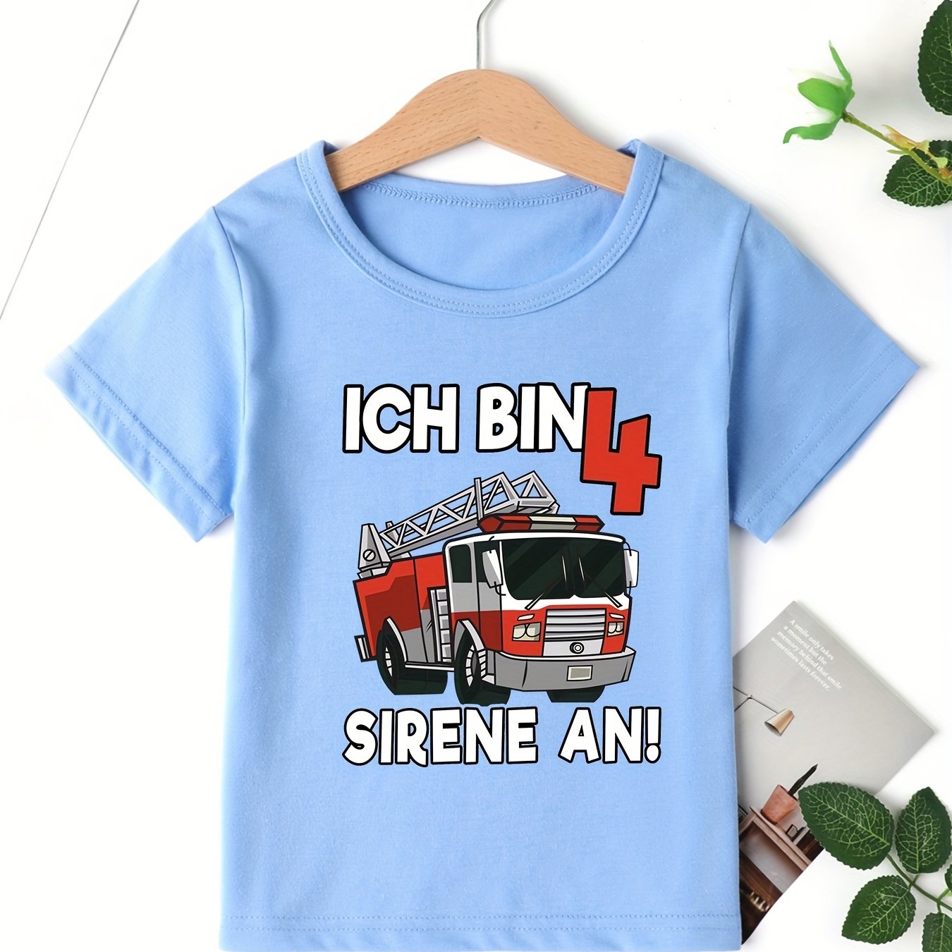 Image of "ich Bin 4 Sirene An!" Stylish Cartoon Fire Truck 4th Birthday Slogan Graphic Print Boys T-shirt Best Gift For Fire Truck Lovers