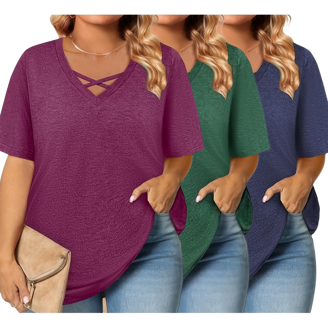 E-shop Plus Size - Plus Size - 2025 Europäische und amerikanische Mode Lässiges, einfarbiges V-Ausschnitt Kurzarm T-Shirt Dreiteiliges Set