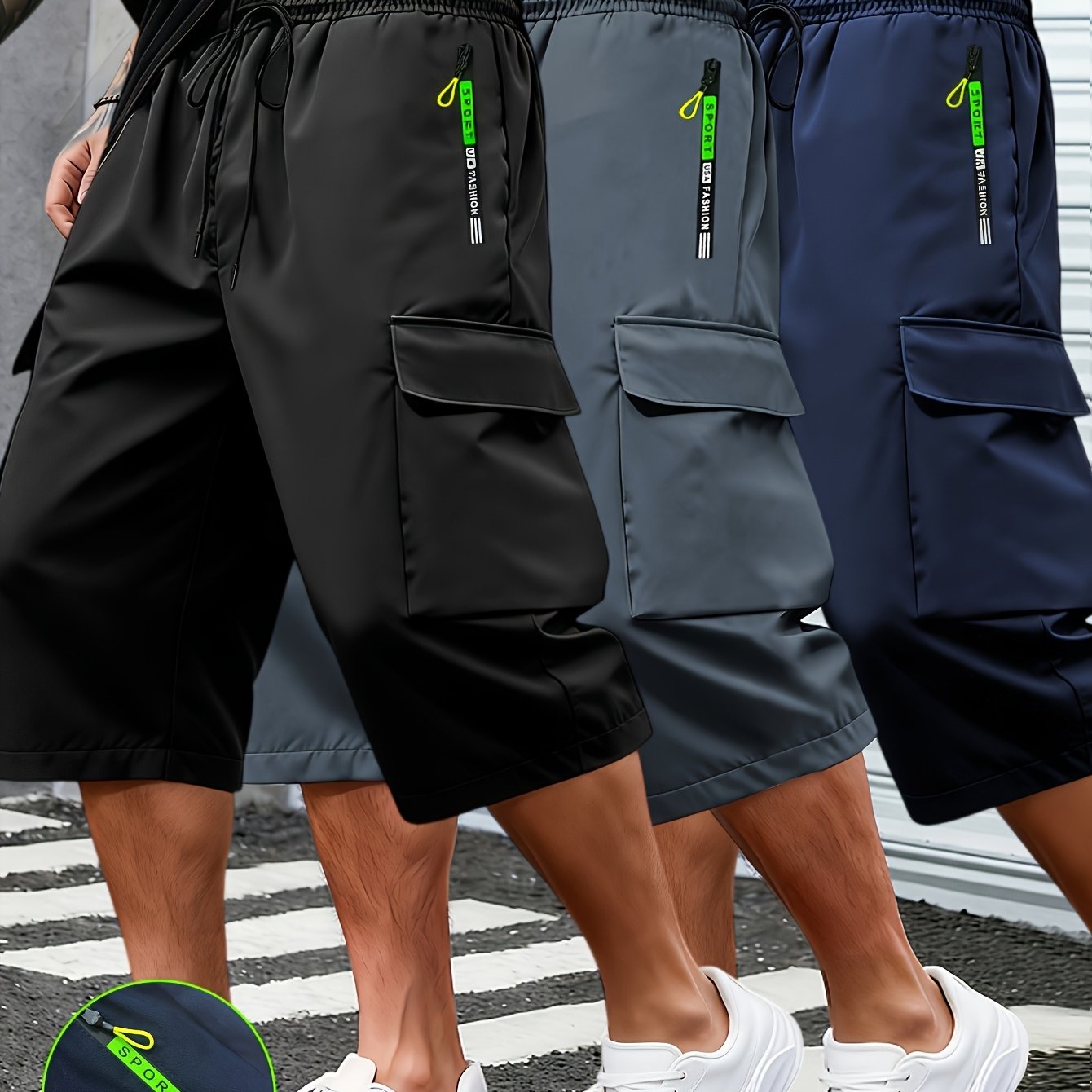 TEMU 1pc Men's Athletic Cargo Capri Pants With Utility Large Pockets, Printed Zippered Pockets, Fashionable Thin Breathable Cargo Trousers Suitable