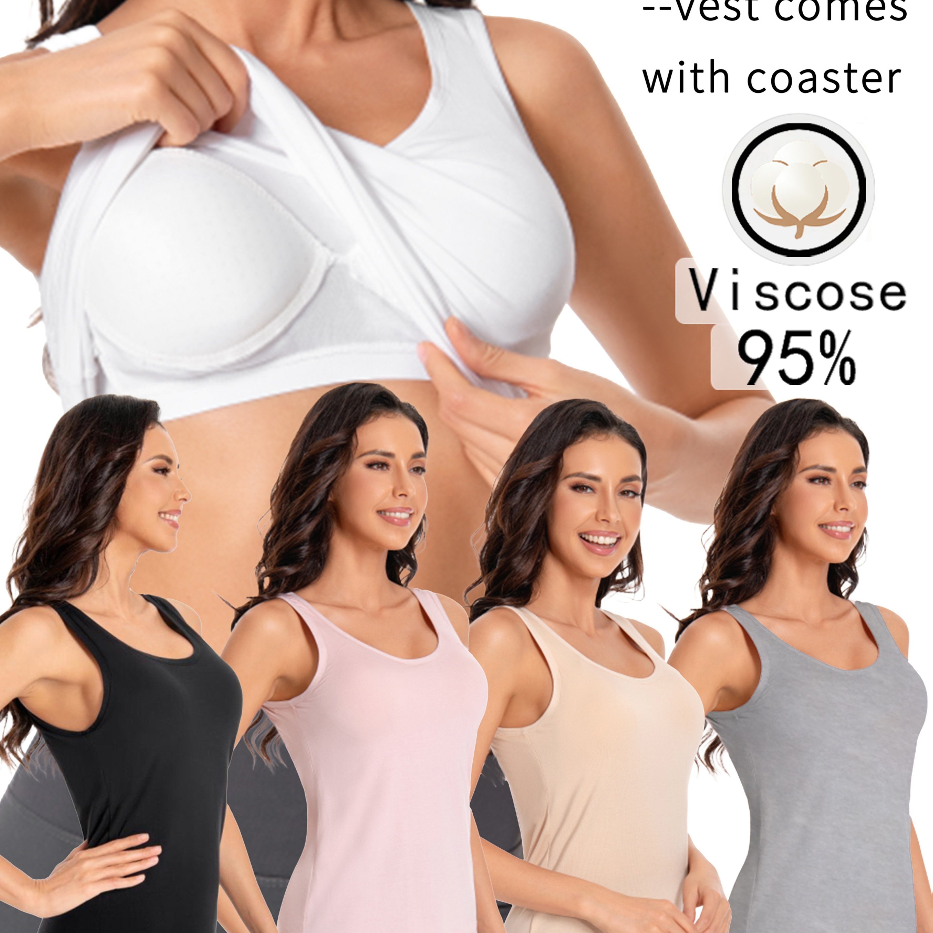 5pcs Women's Tops With Padded Bras, Comfortable And Wearable As Outerwear, For Autumn, Winter, And , Base Layer Underwear
