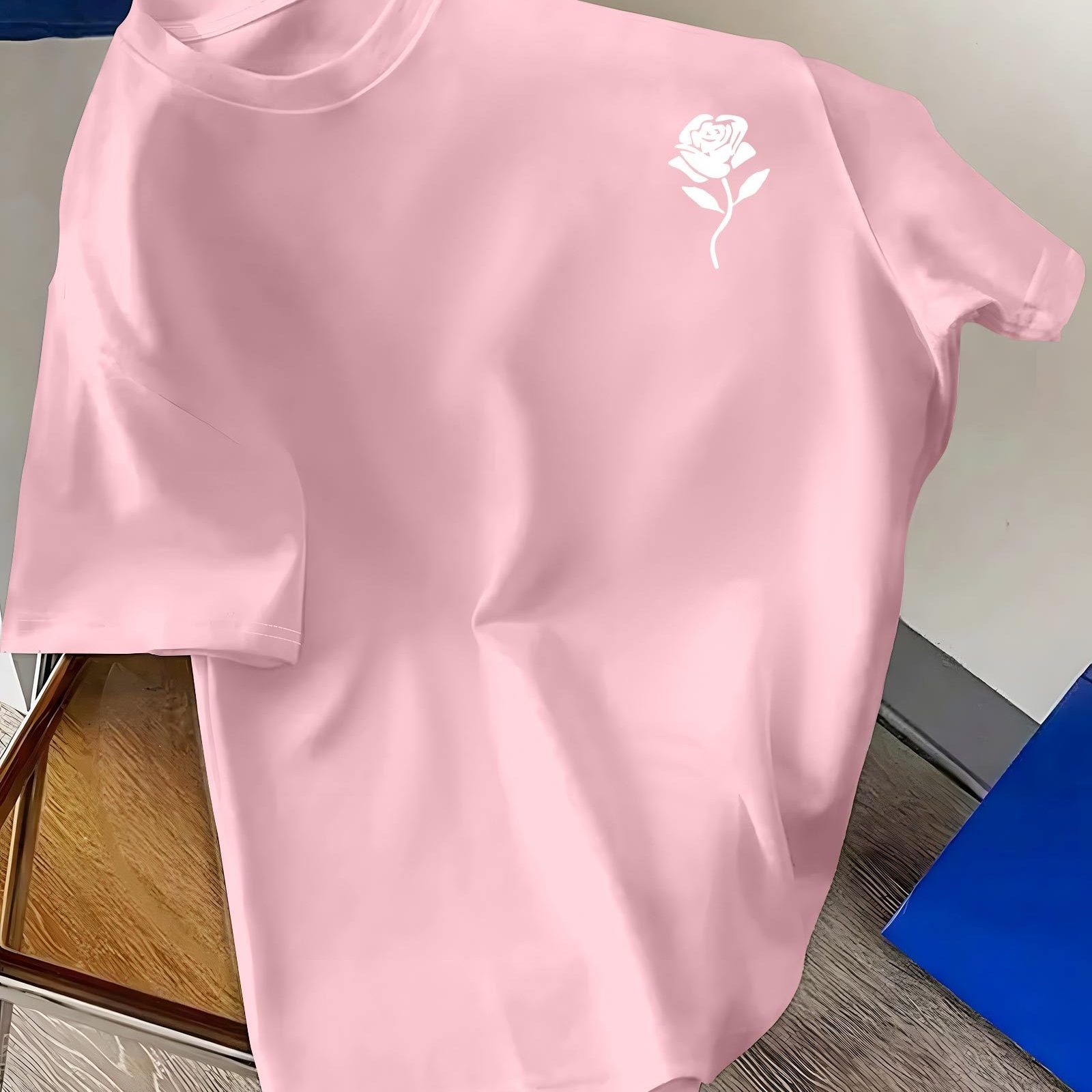 TEMU Men's Colorful T-shirt With 100% Rose Print, Summer Apparel For Men