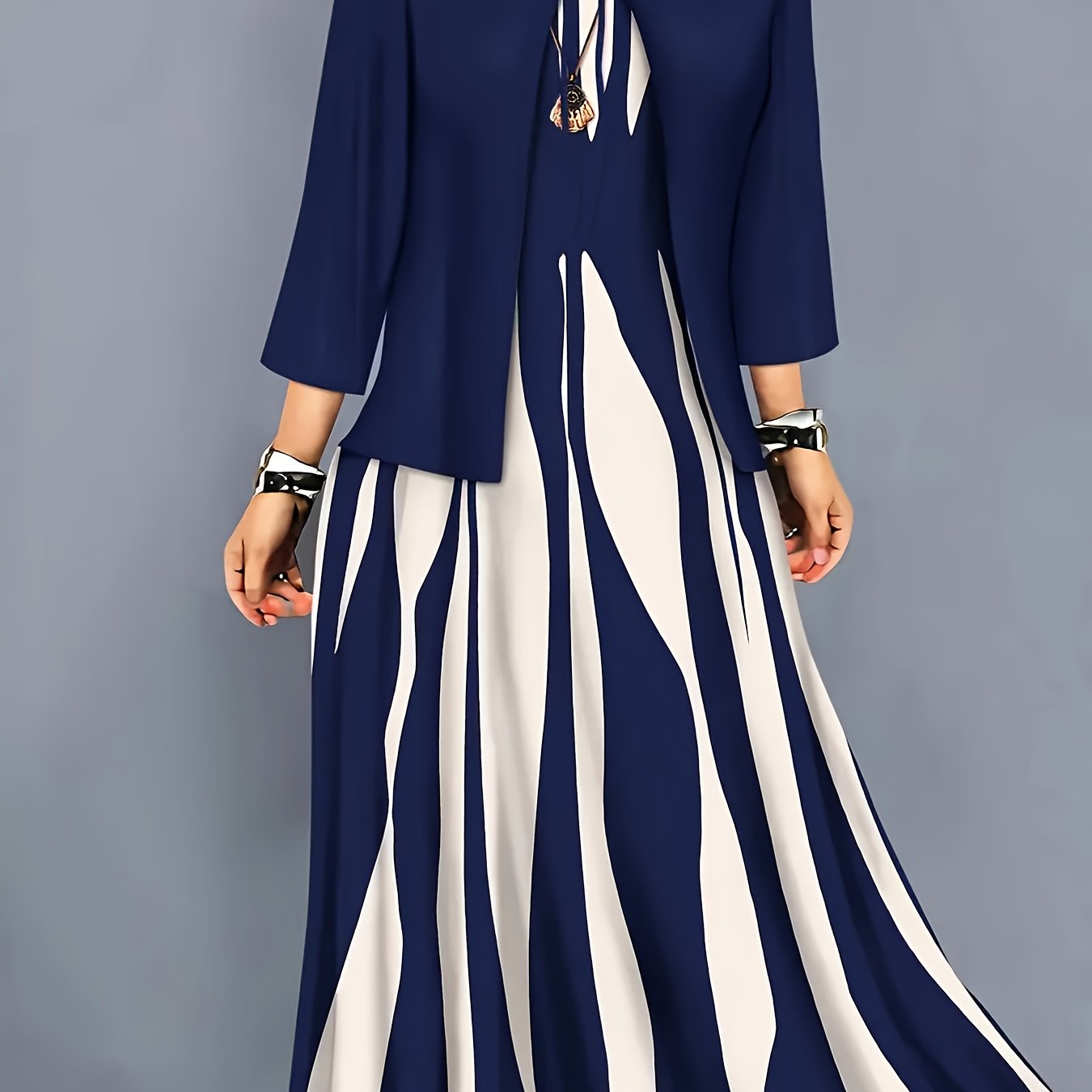 TEMU Elegant Dress Set, Geometric Pattern Print Fashion Vacation Outer Collar Jacket Vest Long Dress Set, Spring Autumn Regular Casual Set