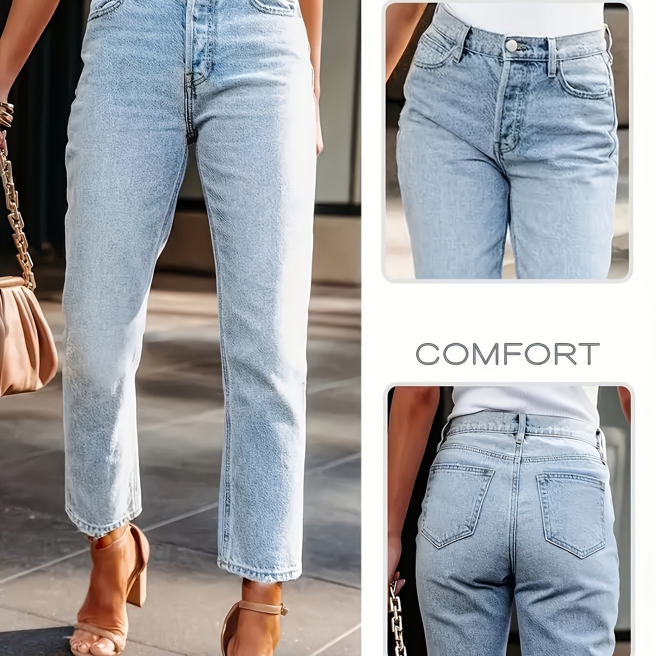 Stylish And Minimalist High-waisted Light Blue Straight-leg Jeans For Women. -leg Design Leg Shapes, Conceals Flesh And A Effect. Perfect For Shopping And Vacation Outfits, Suitable For