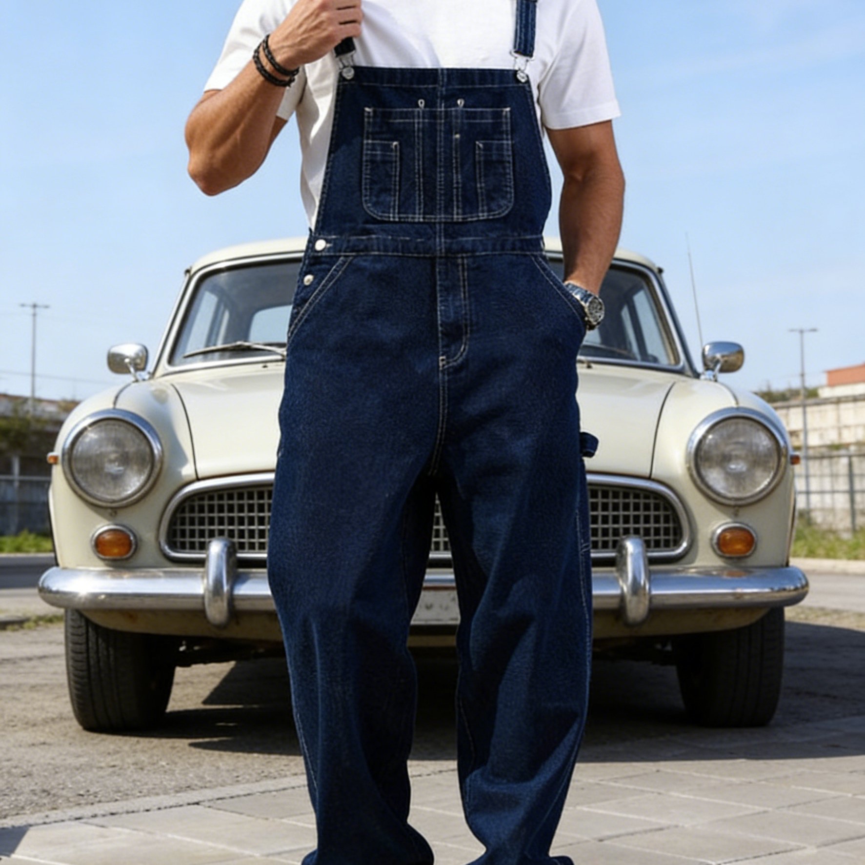 TEMU Tenues HME-164 d'été style vêtement de travail en jean bleu foncé : surpiqûres contrastées ajoutant de . Parfait pour le camping air, , les
